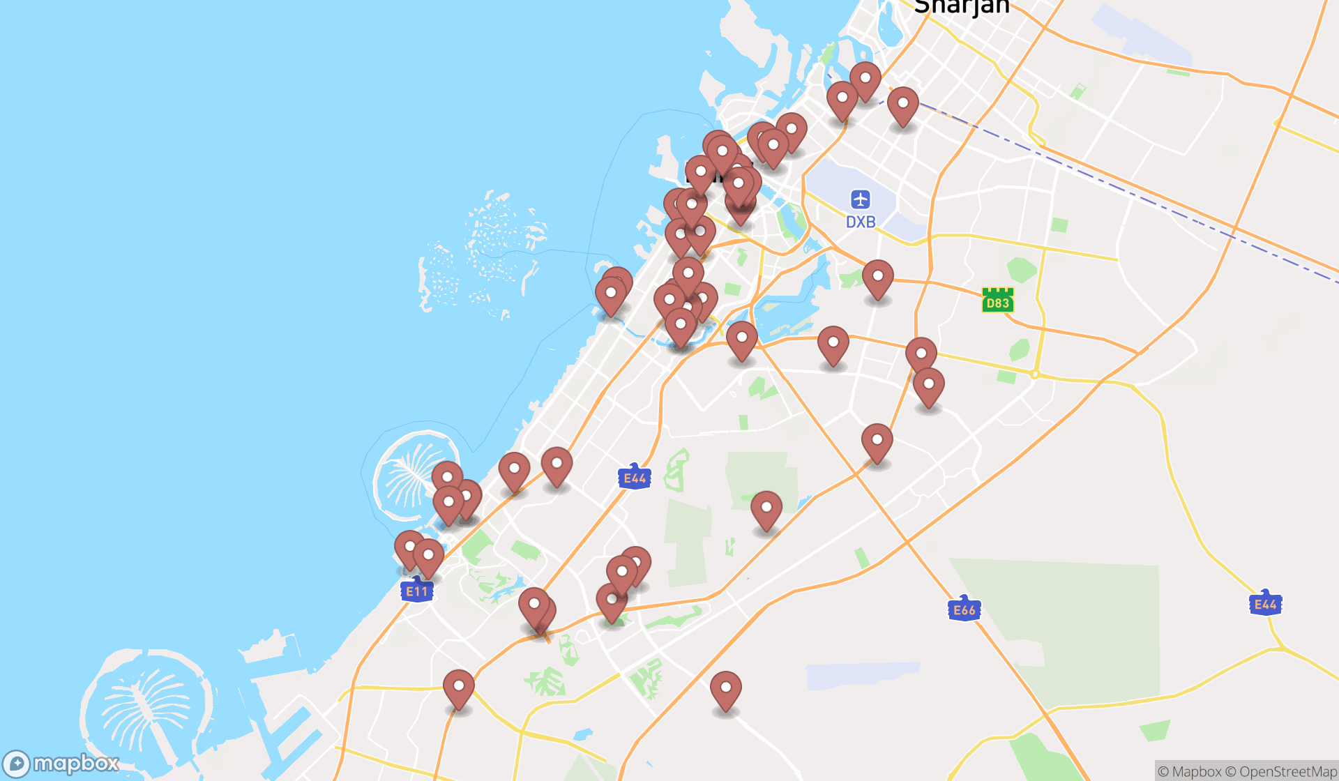 Map showing the search results in Dubai