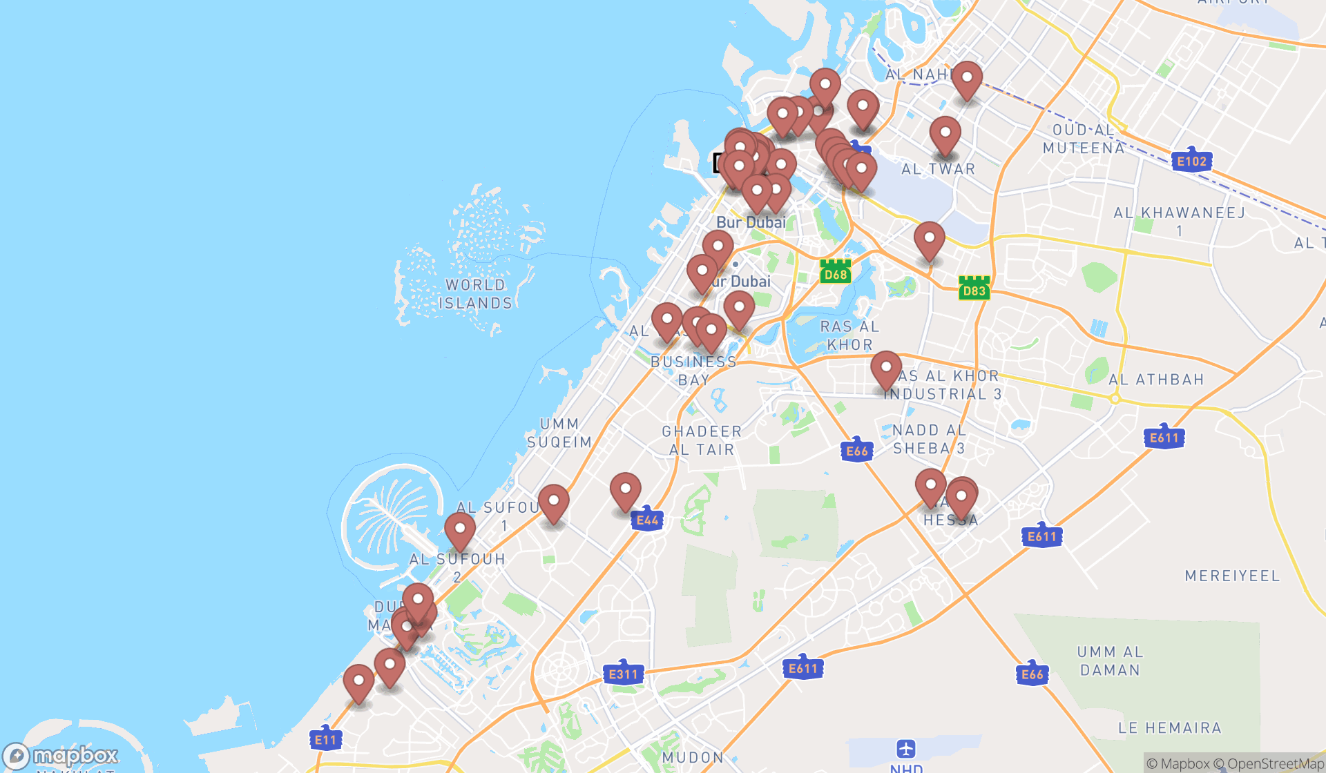 Map showing the search results in Dubai