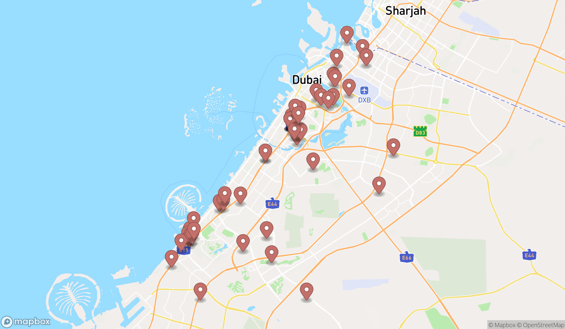 Map showing the search results in Dubai
