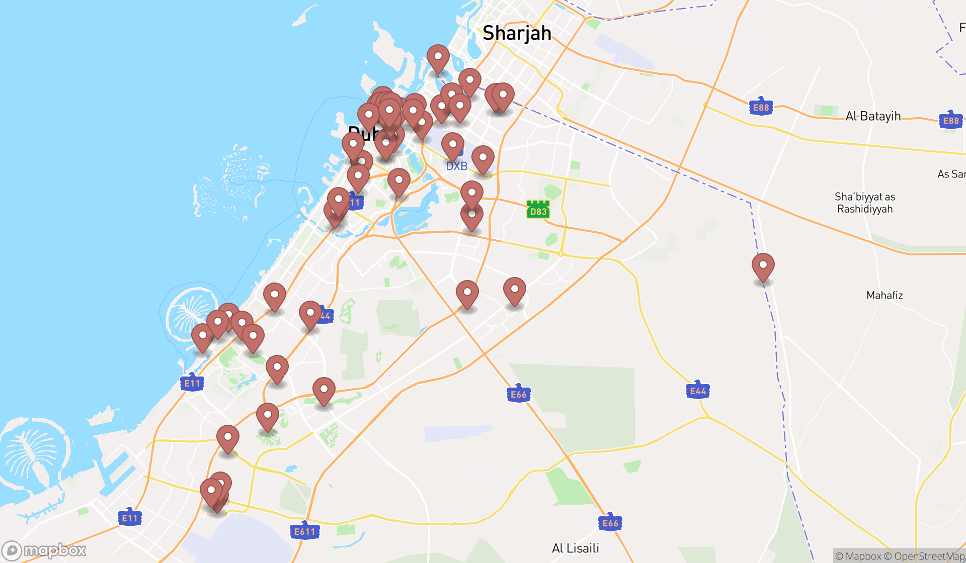 Map showing the search results in Dubai