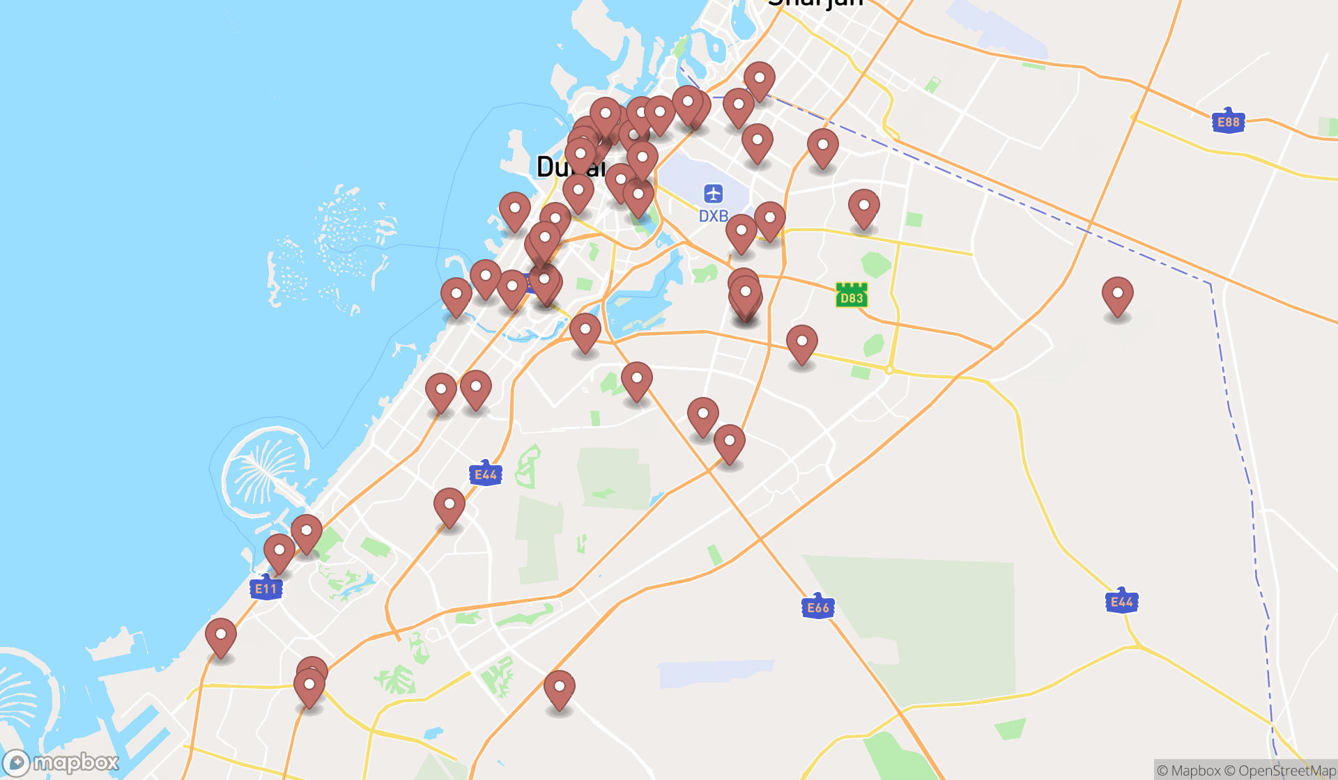 Map showing the search results in Dubai