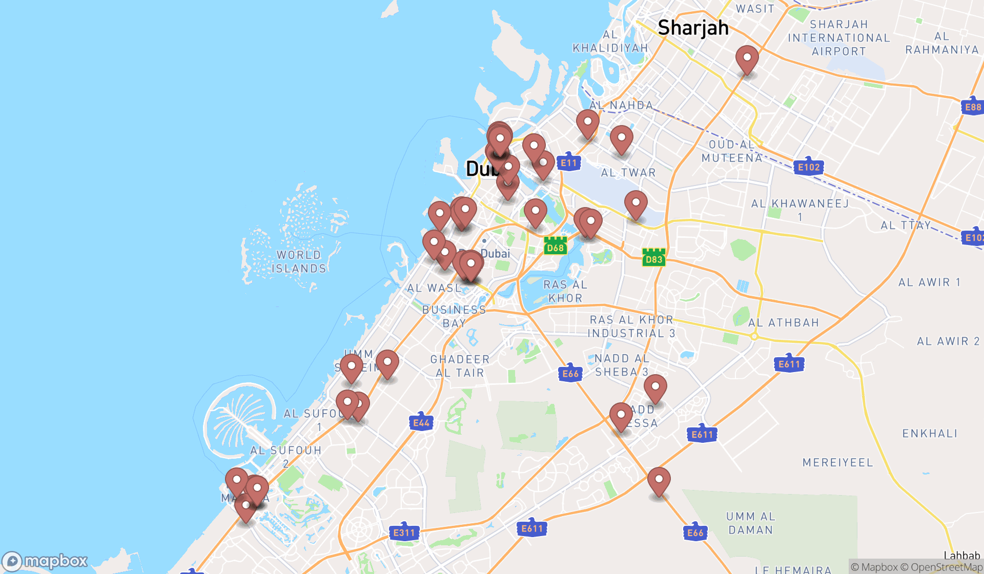Map showing the search results in Dubai