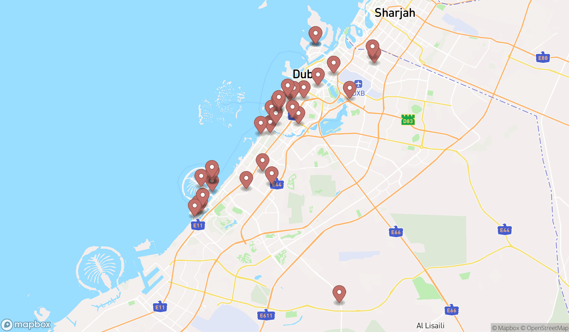 Map showing the search results in Dubai