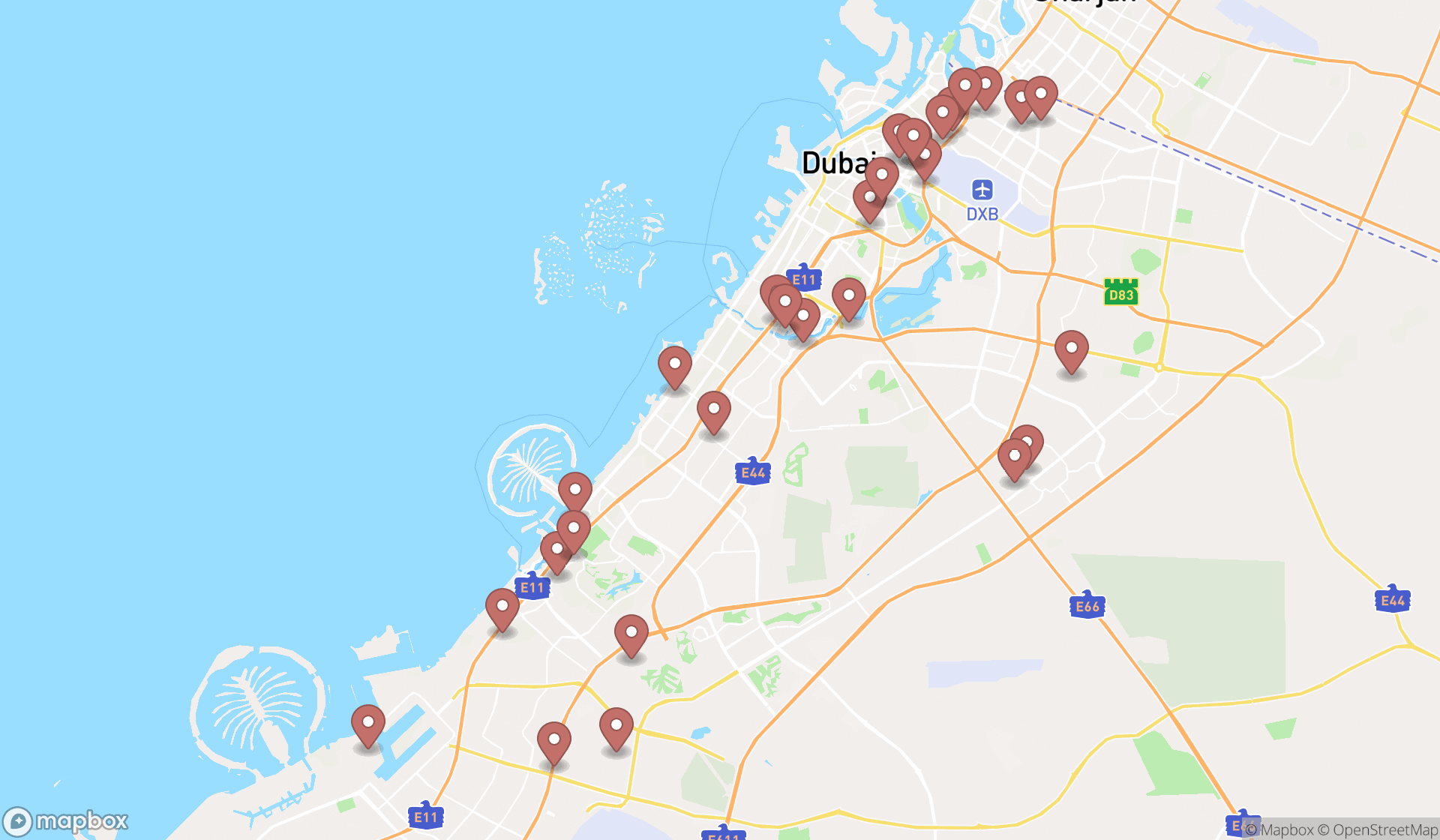 Map showing the search results in Dubai