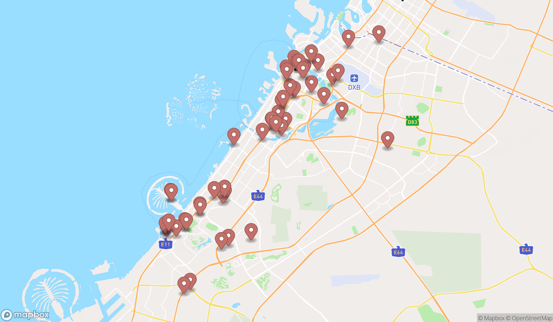 Map showing the search results in Dubai