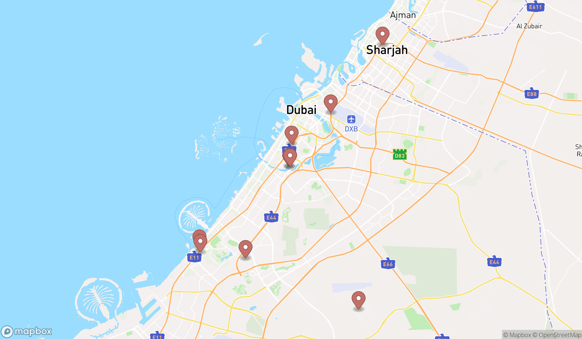 Map showing the search results in Dubai