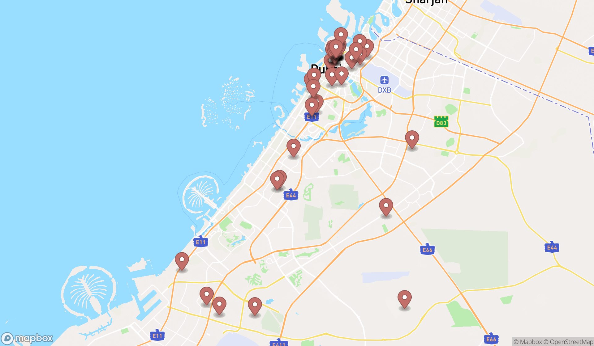Map showing the search results in Dubai