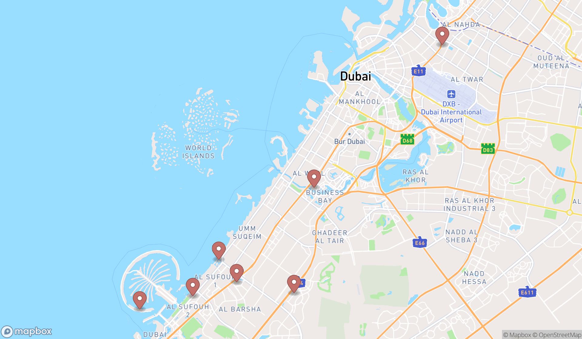 Map showing the search results in Dubai