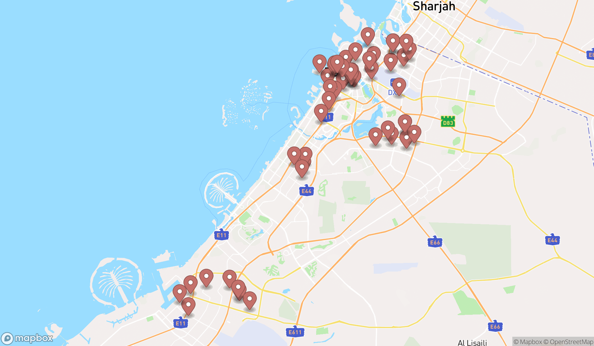 Map showing the search results in Dubai
