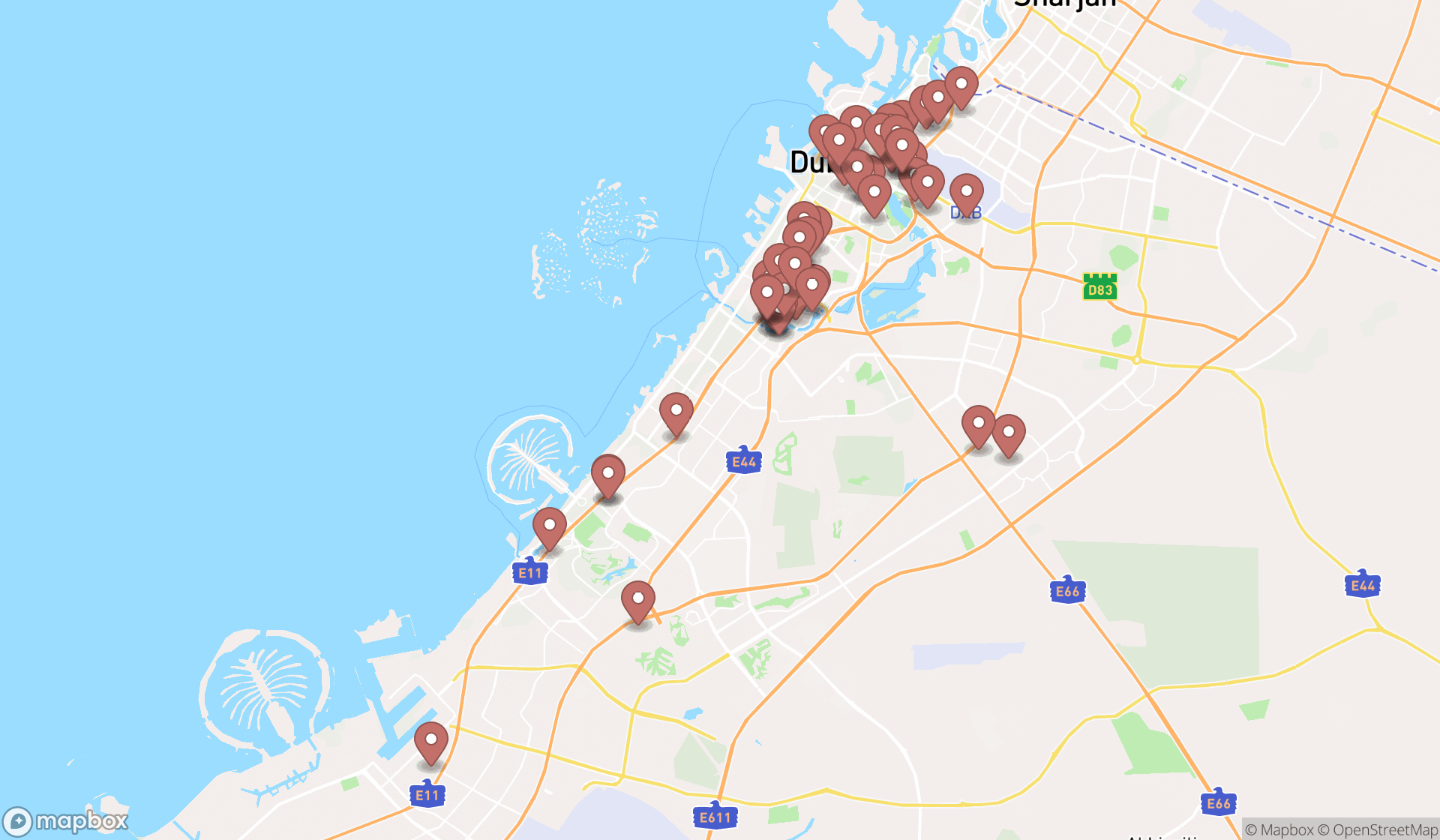 Map showing the search results in Dubai