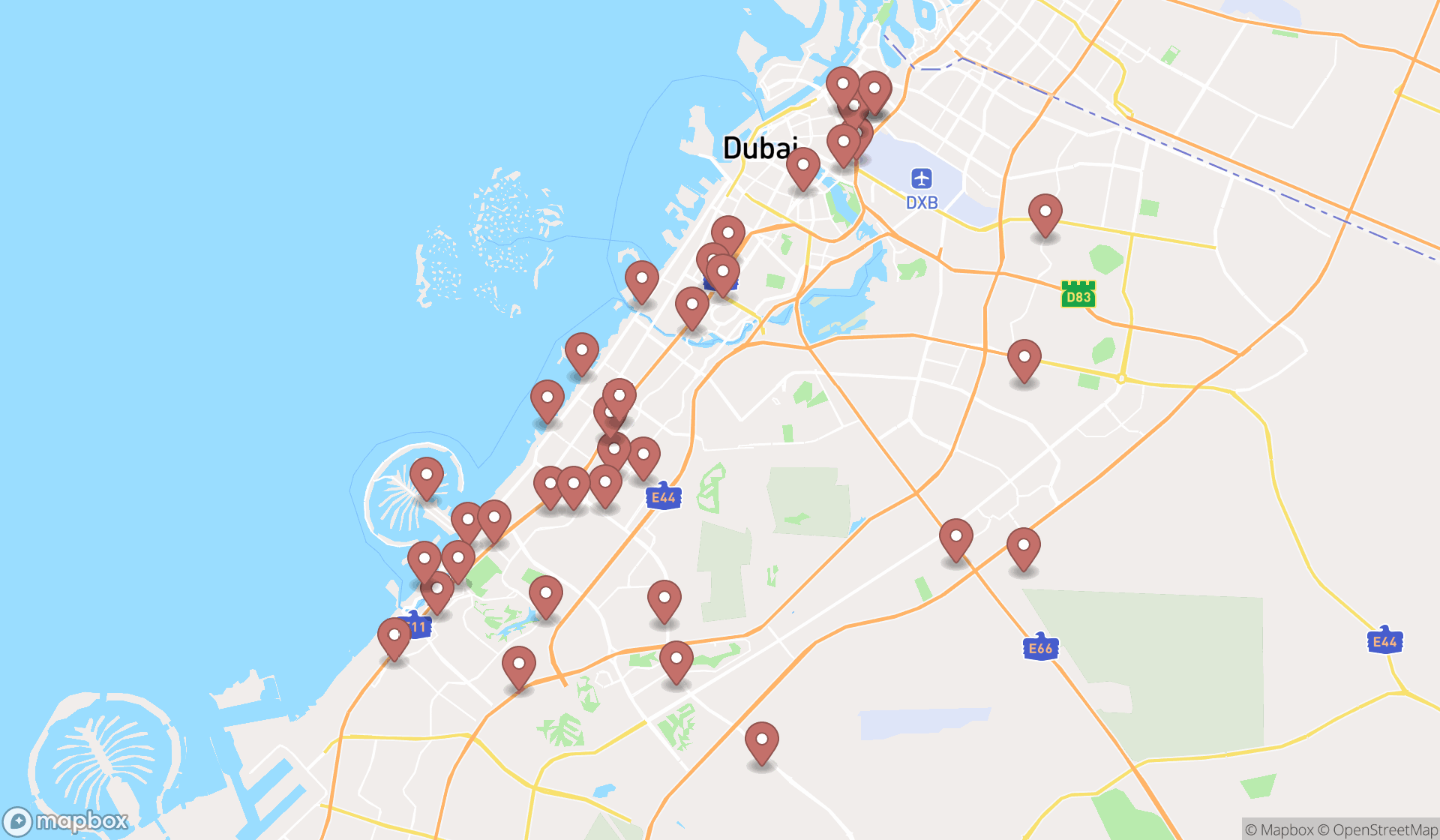 Map showing the search results in Dubai