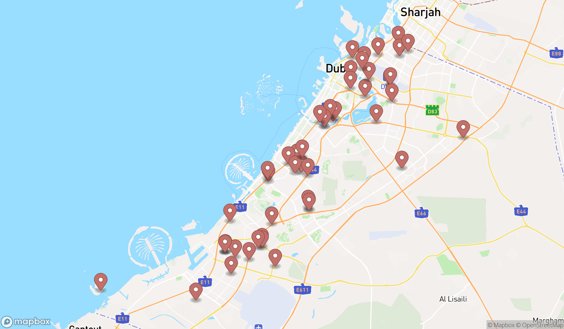 Map showing the search results in Dubai
