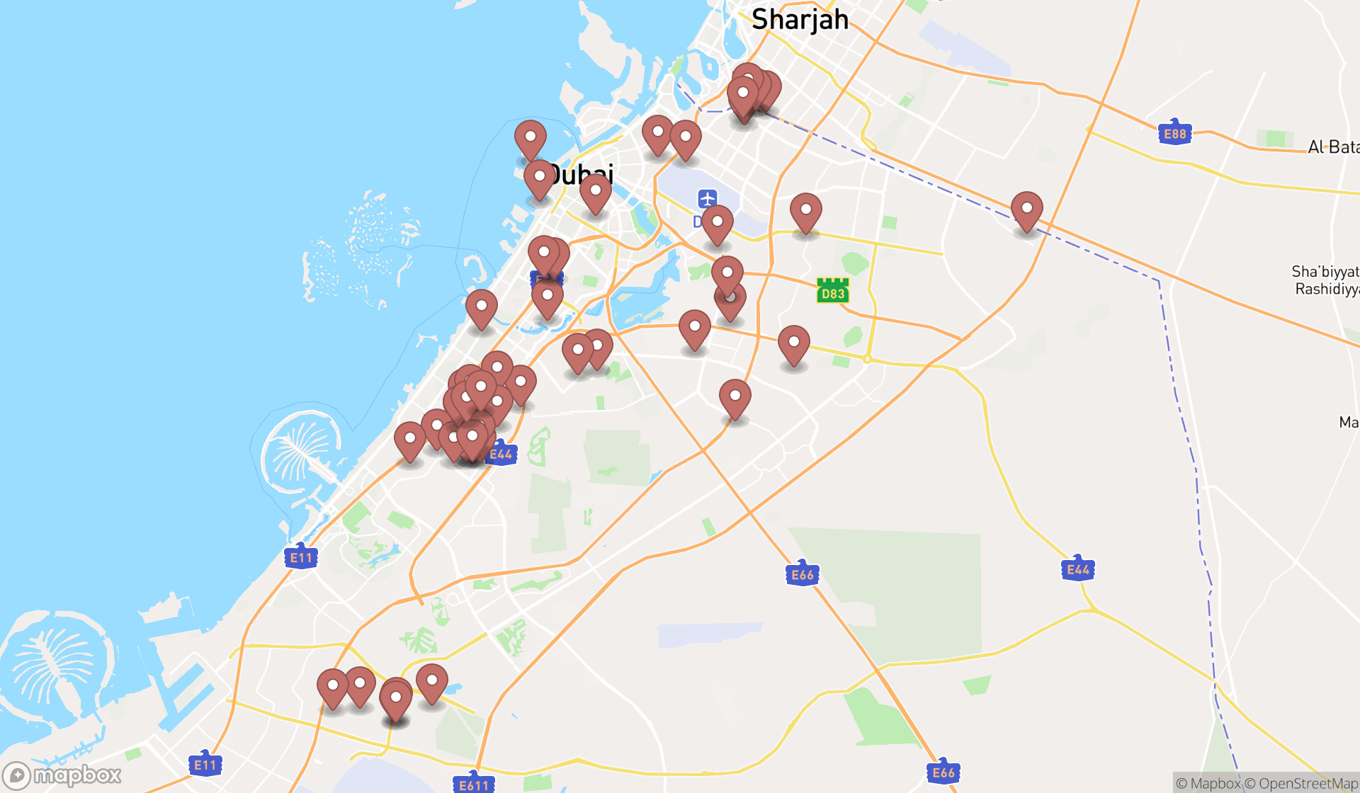 Map showing the search results in Dubai
