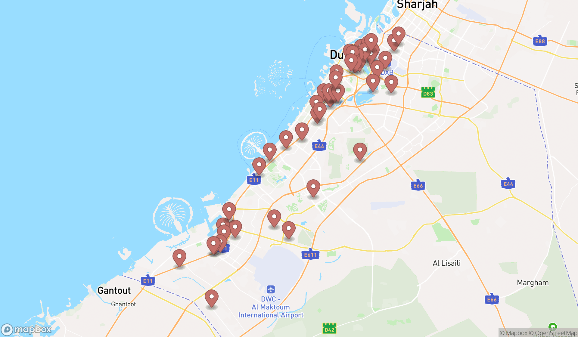 Map showing the search results in Dubai