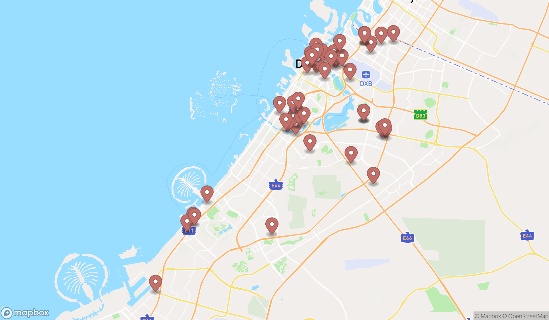Map showing the search results in Dubai
