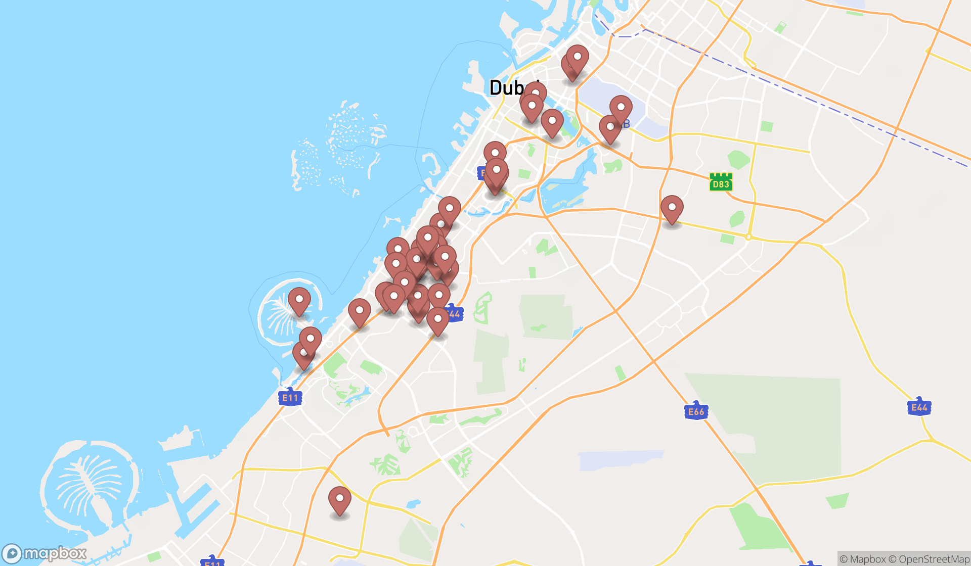Map showing the search results in Dubai