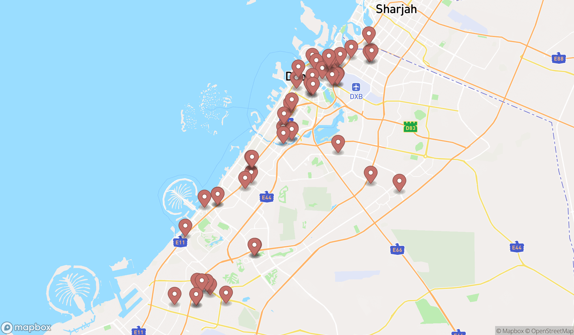 Map showing the search results in Dubai