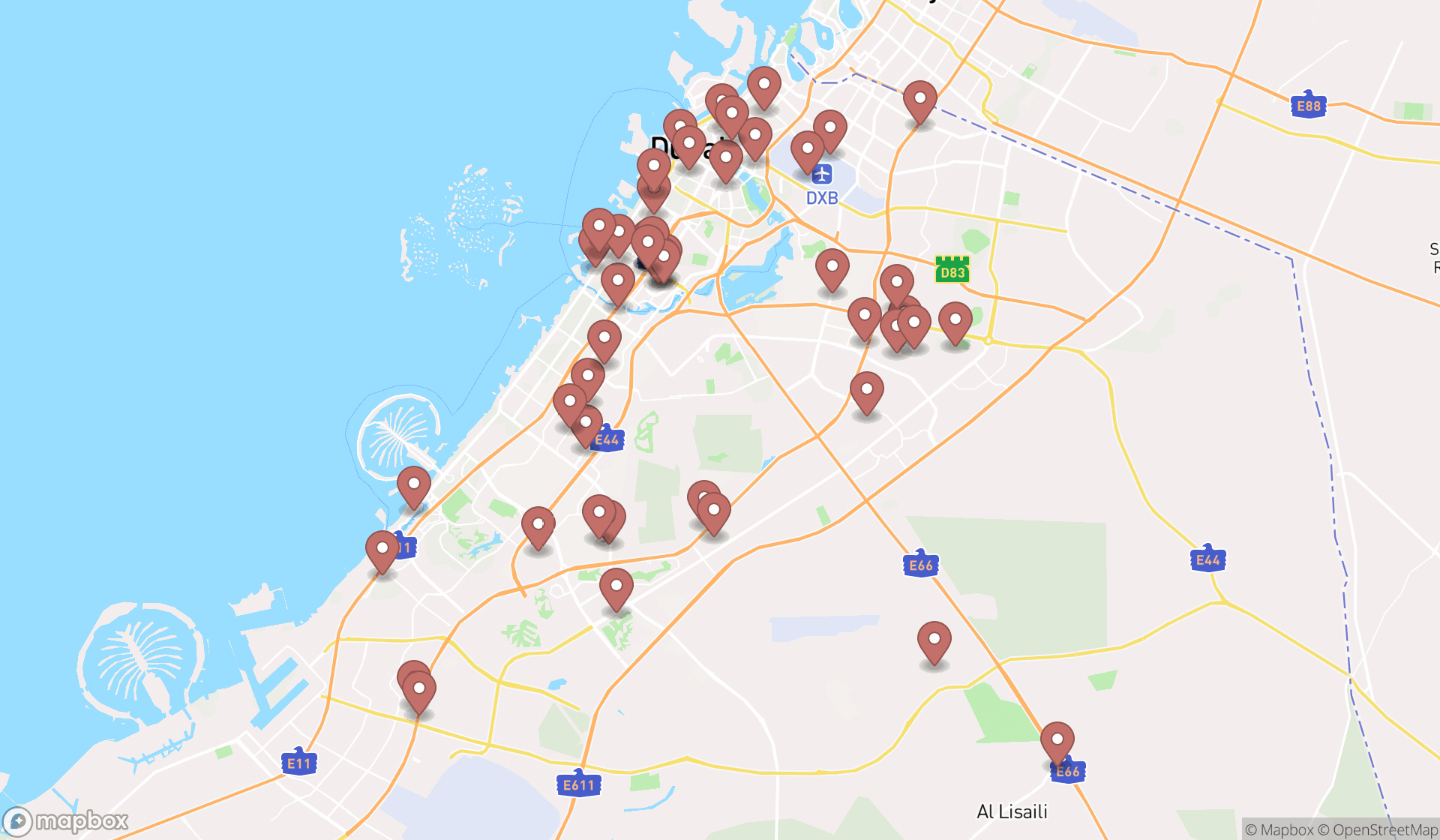 Map showing the search results in Dubai