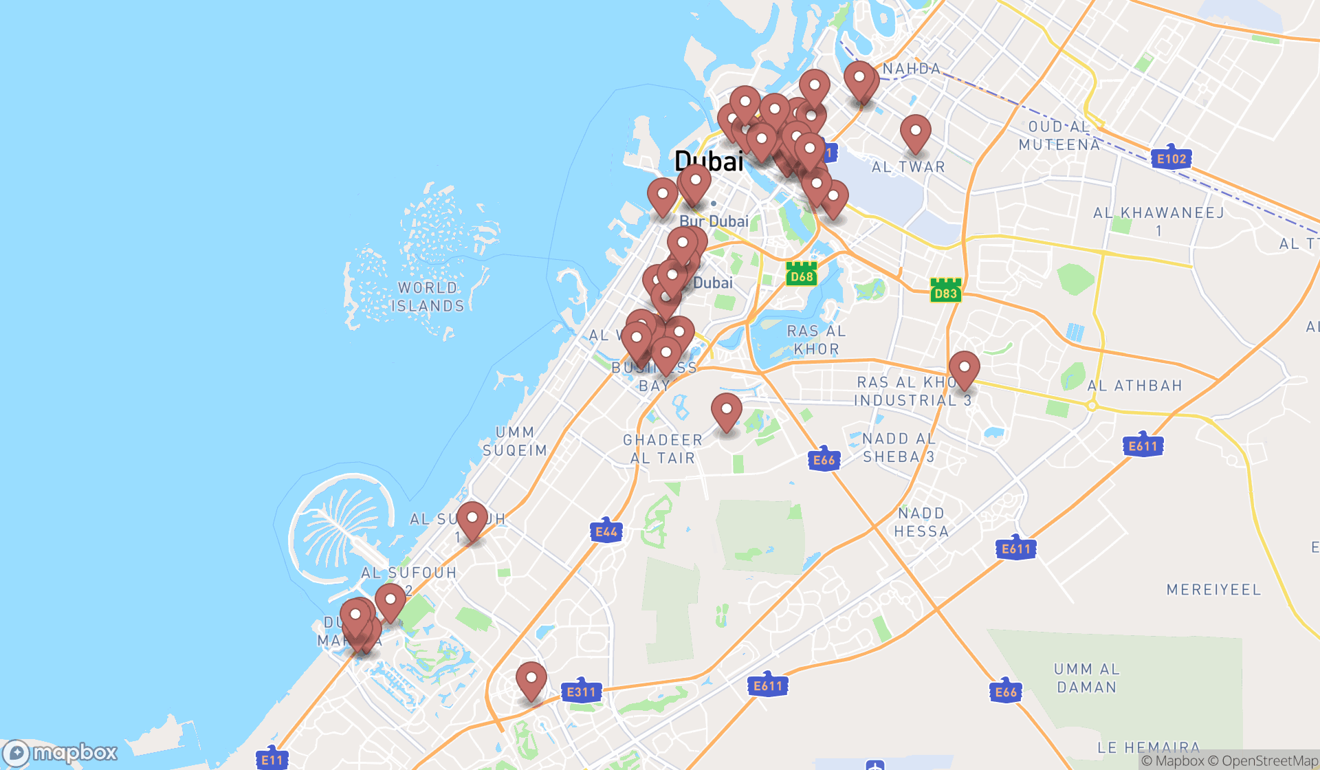 Map showing the search results in Dubai