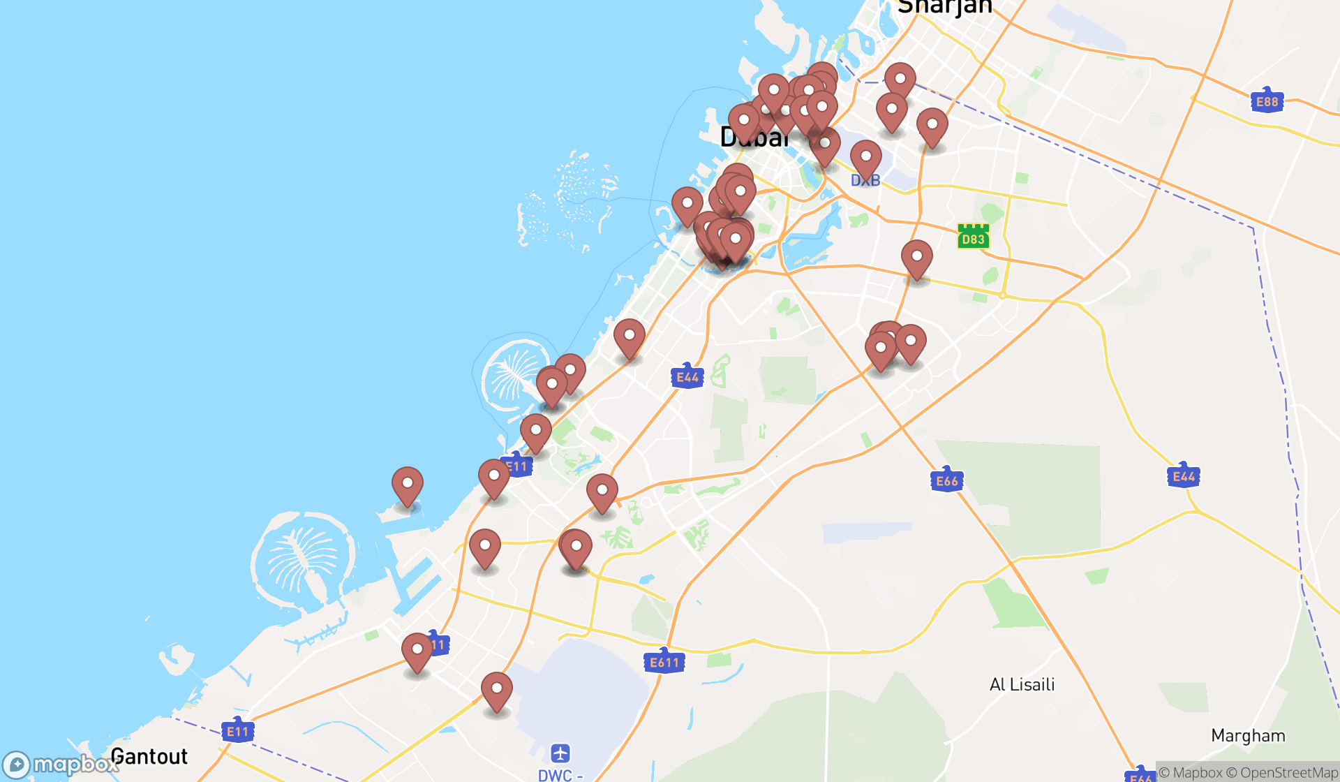 Map showing the search results in Dubai