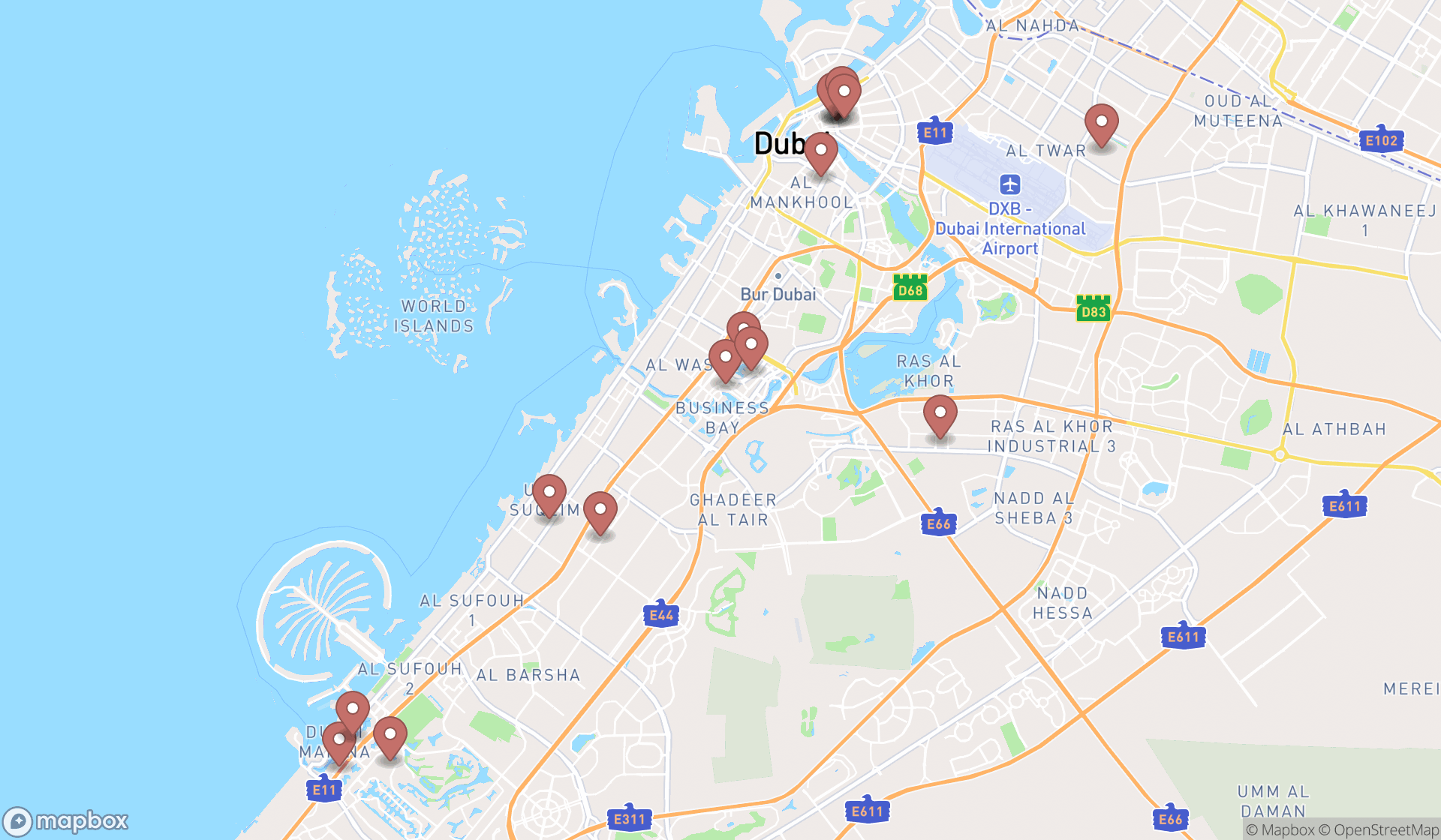 Map showing the search results in Dubai