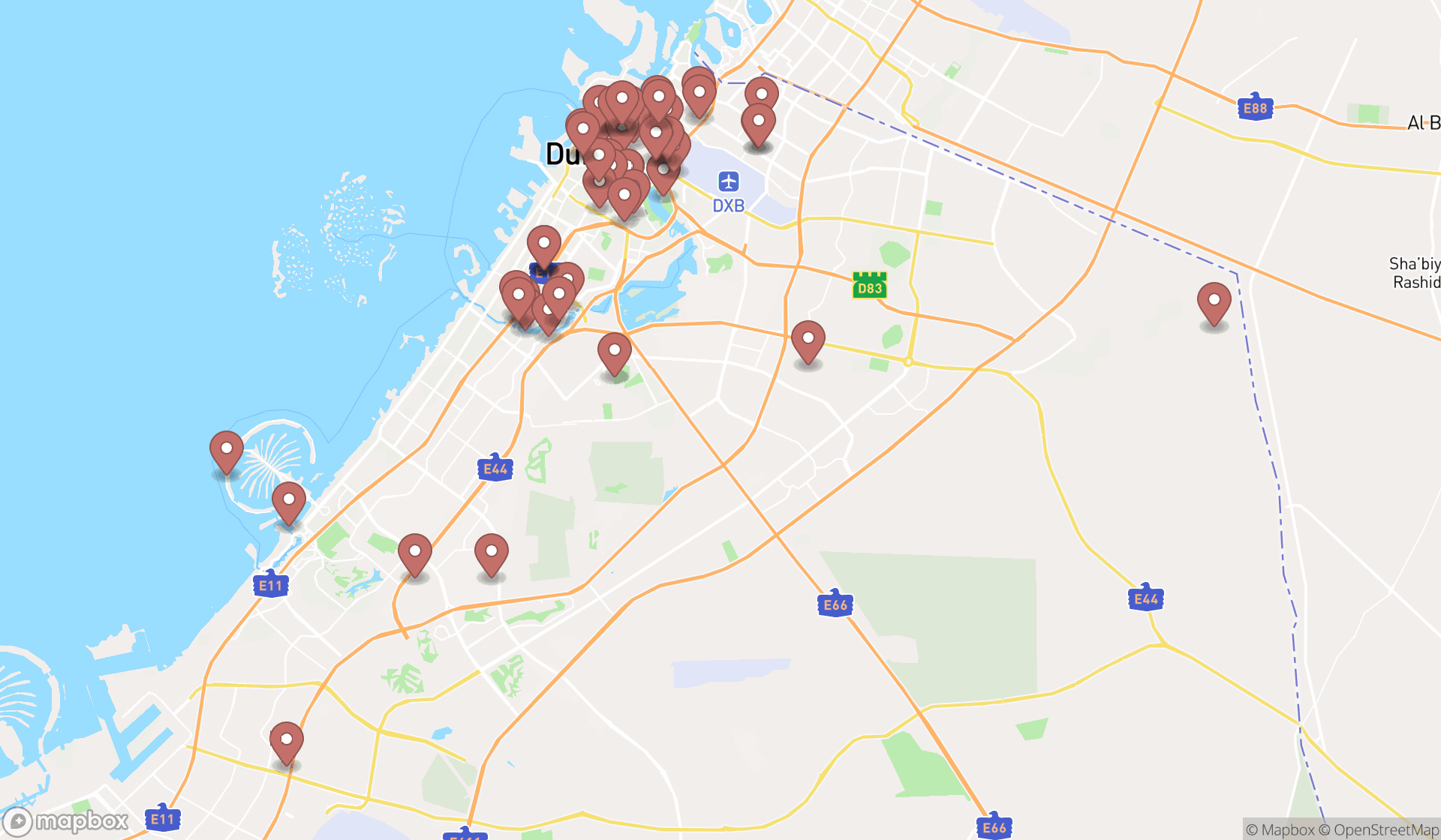 Map showing the search results in Dubai