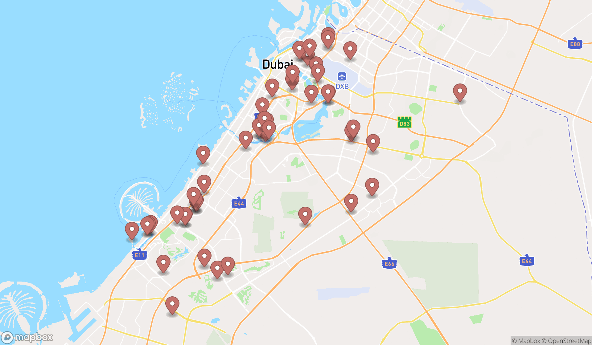 Map showing the search results in Dubai