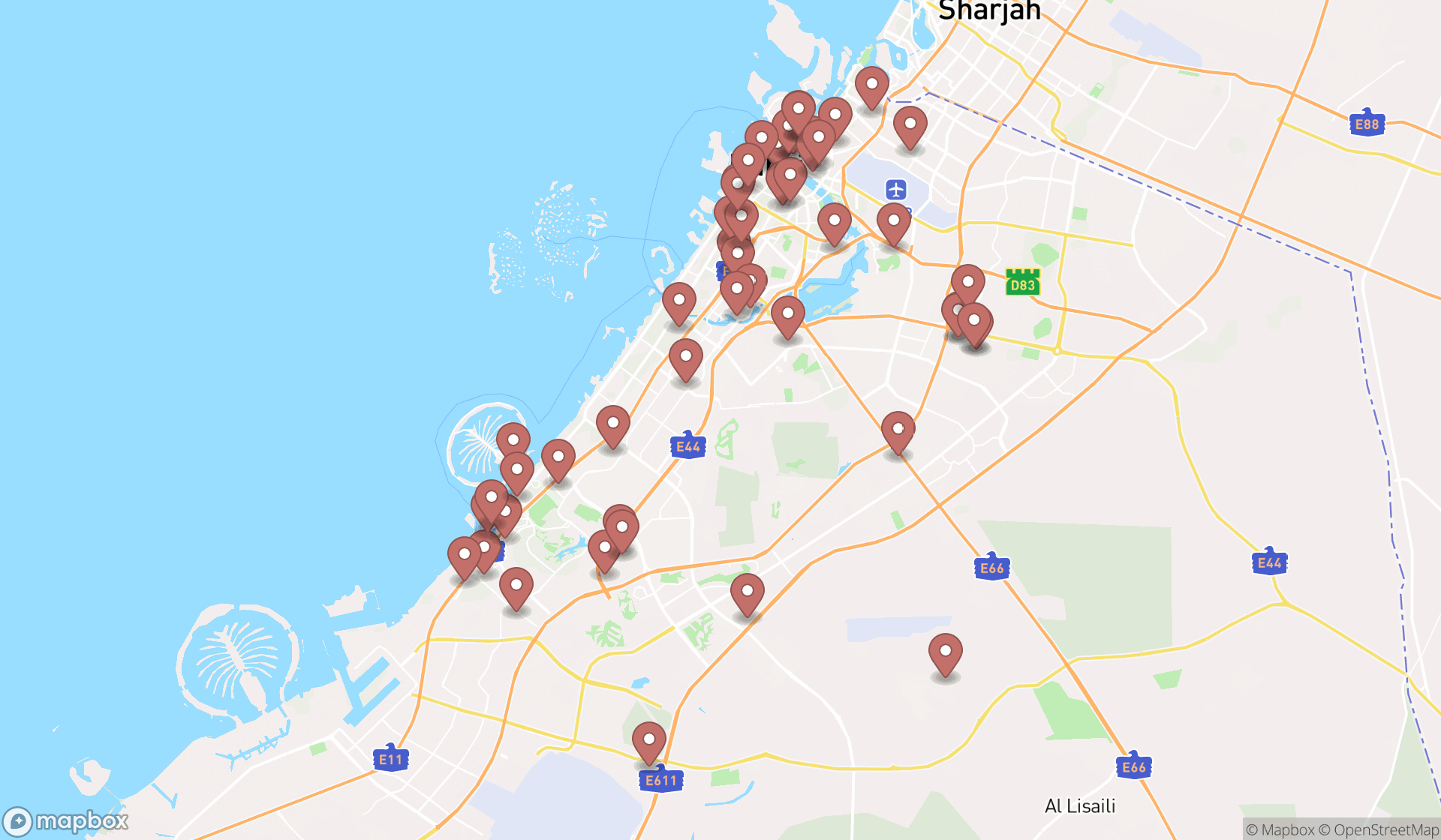 Map showing the search results in Dubai