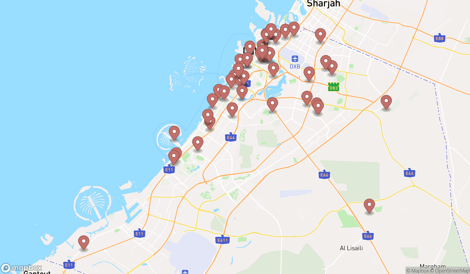 Map showing the search results in Dubai