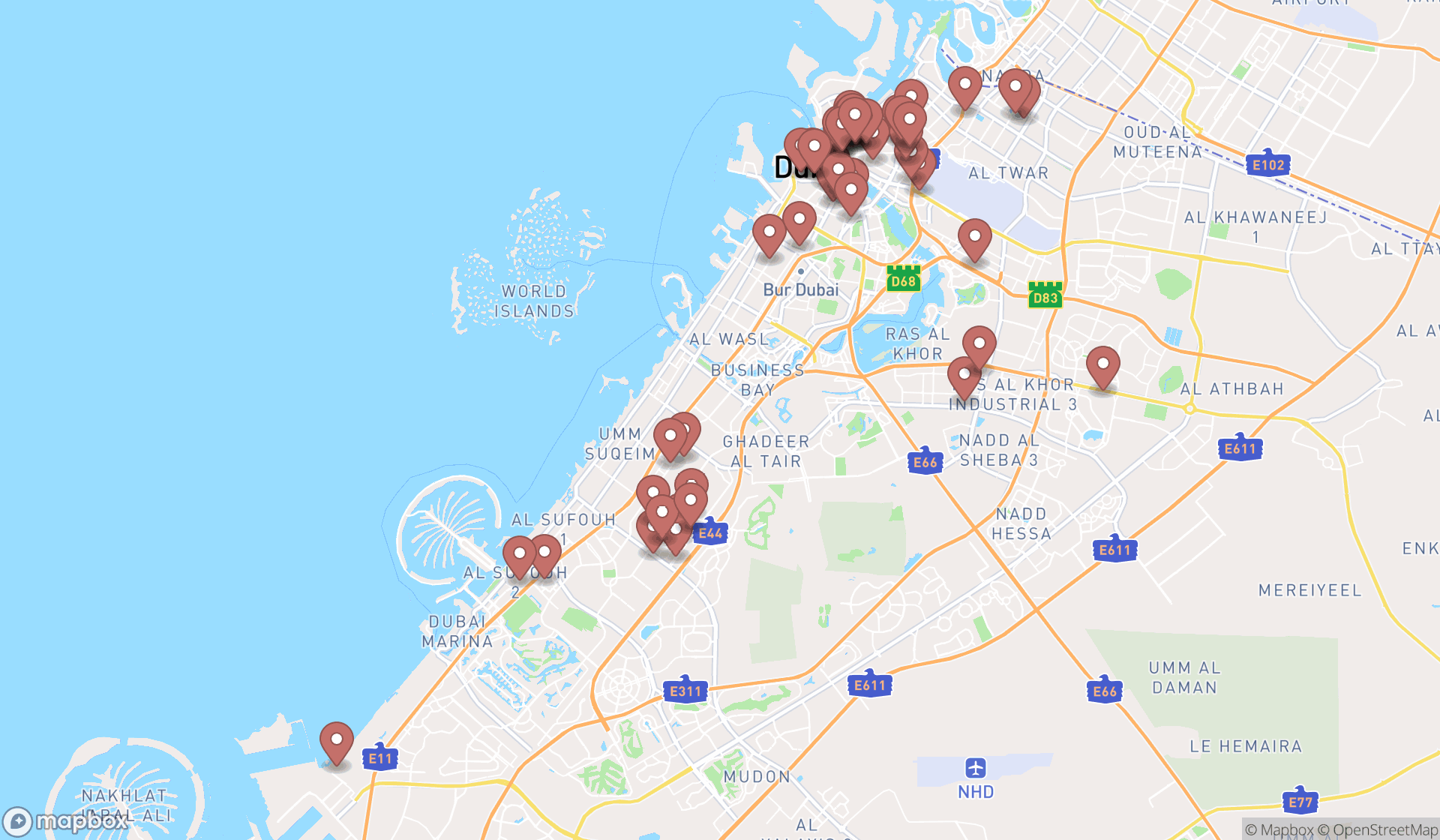 Map showing the search results in Dubai