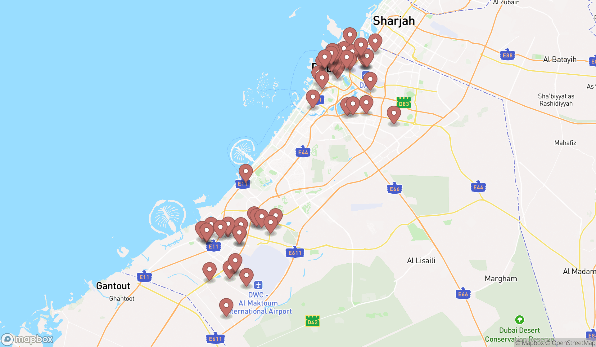 Map showing the search results in Dubai