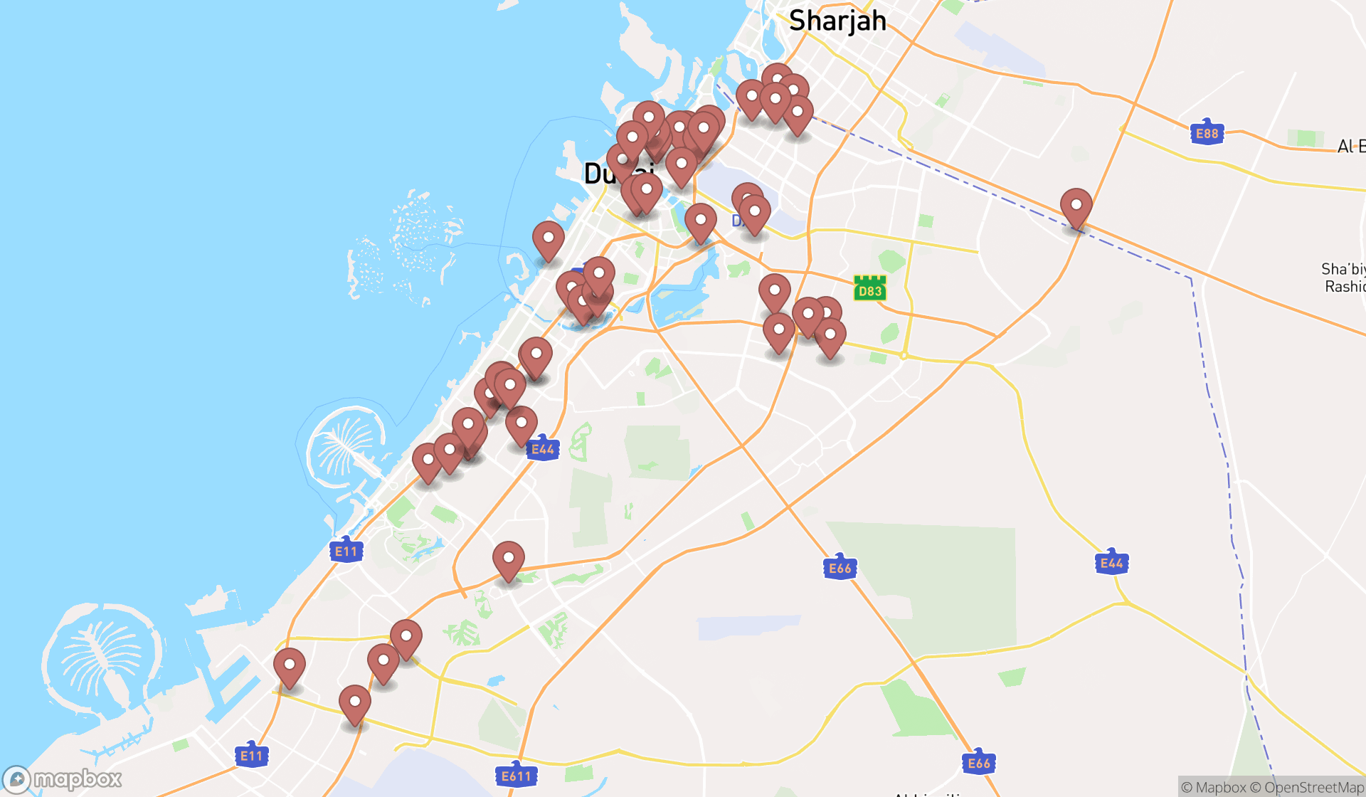 Map showing the search results in Dubai