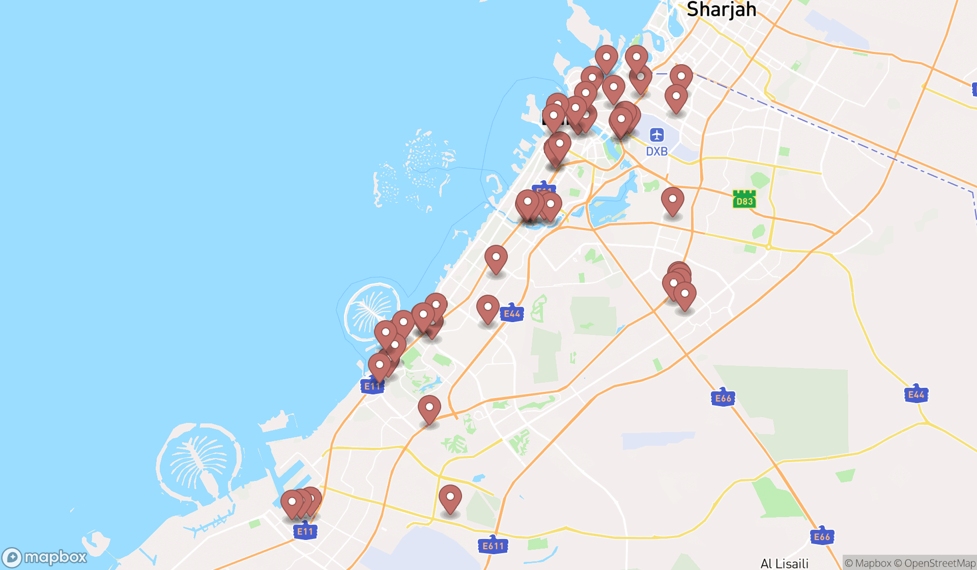 Map showing the search results in Dubai