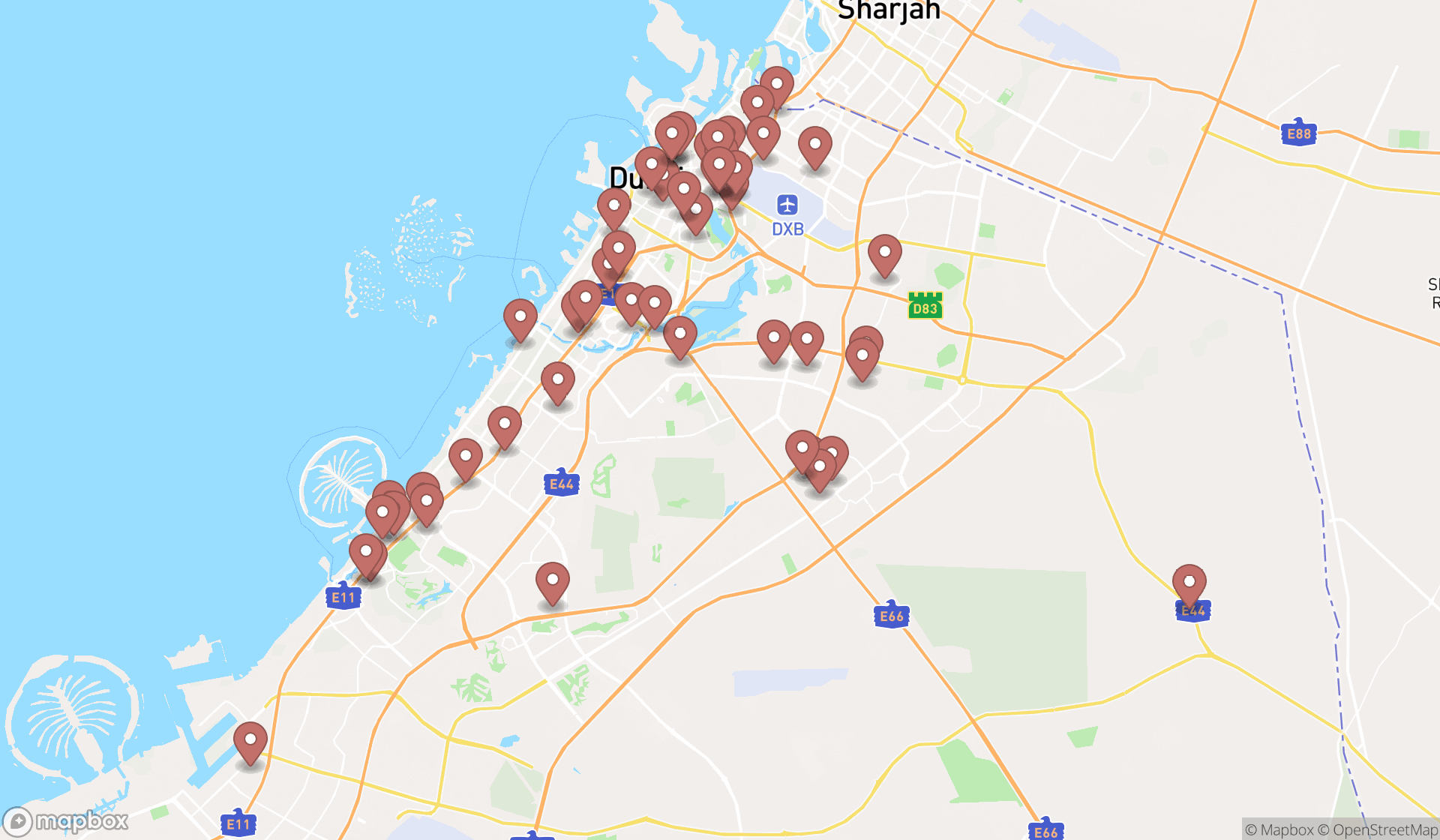 Map showing the search results in Dubai