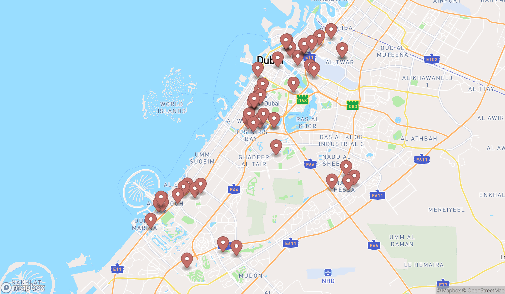 Map showing the search results in Dubai