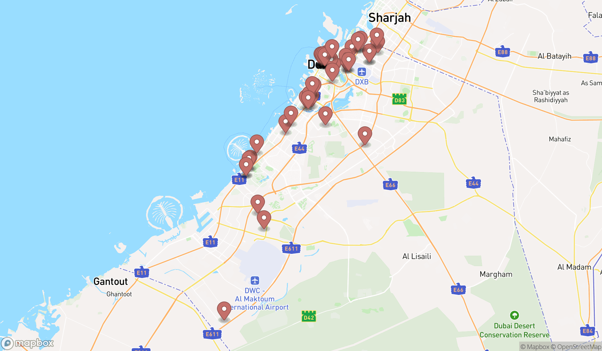 Map showing the search results in Dubai