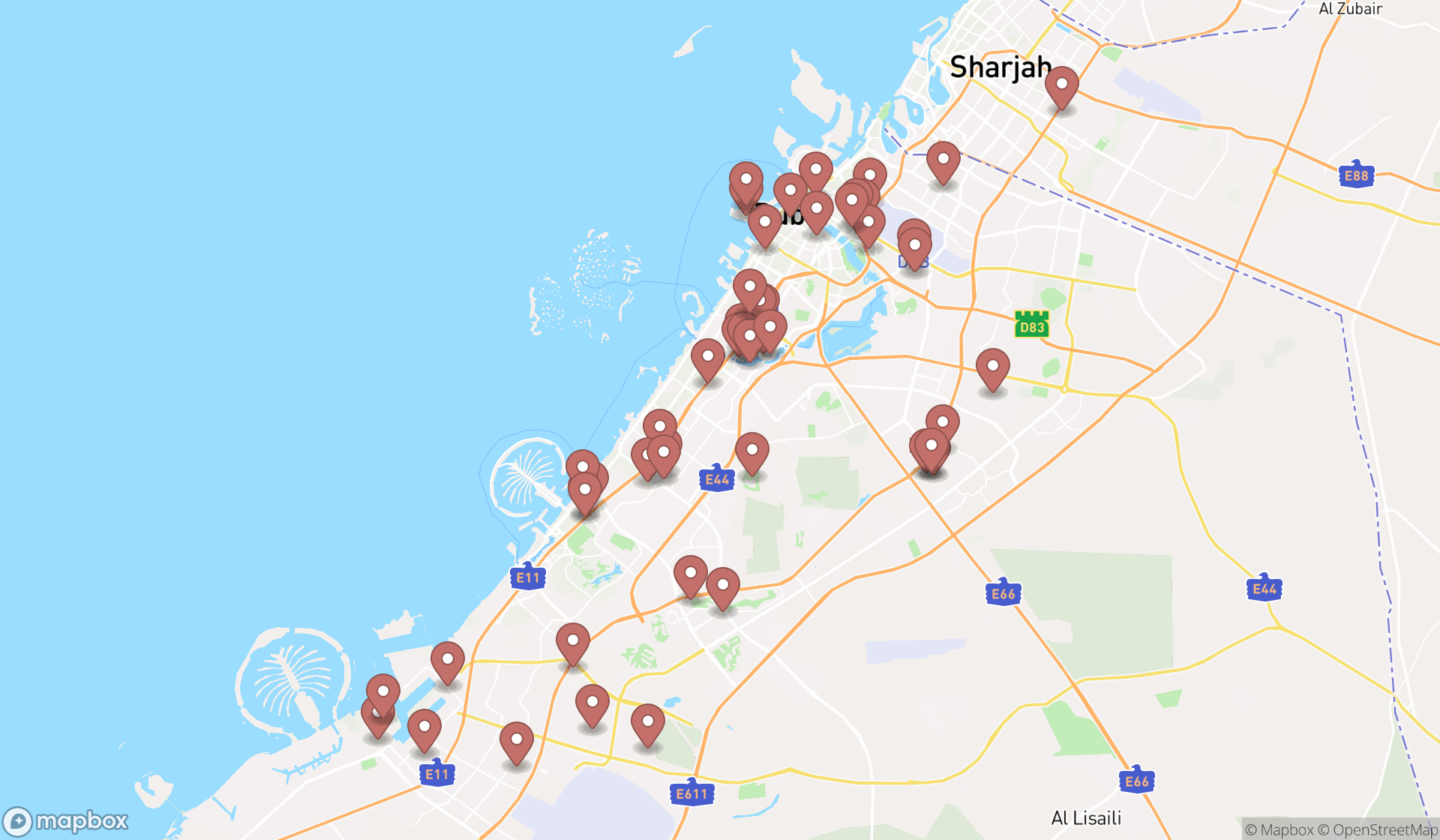 Map showing the search results in Dubai
