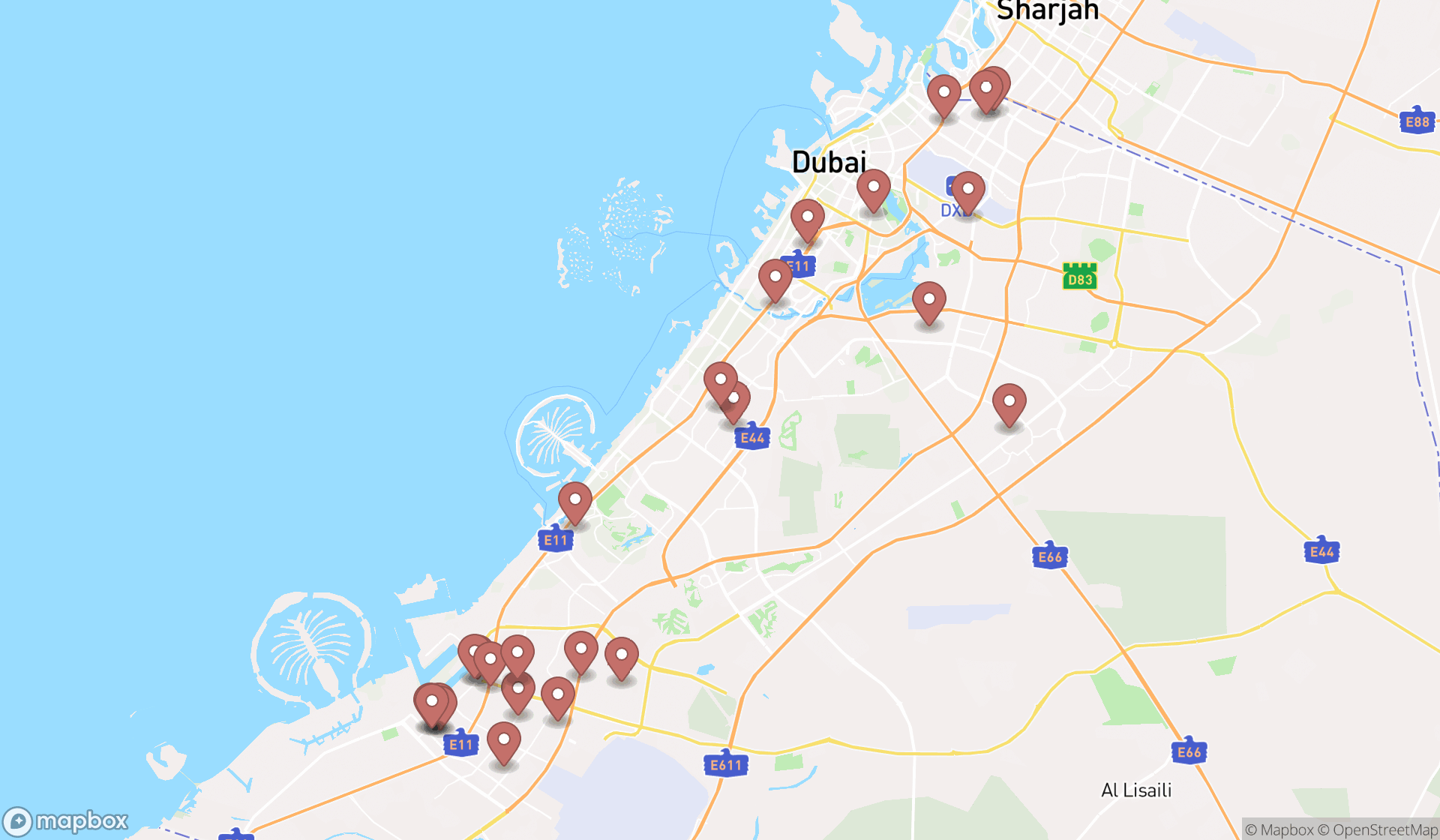 Map showing the search results in Dubai
