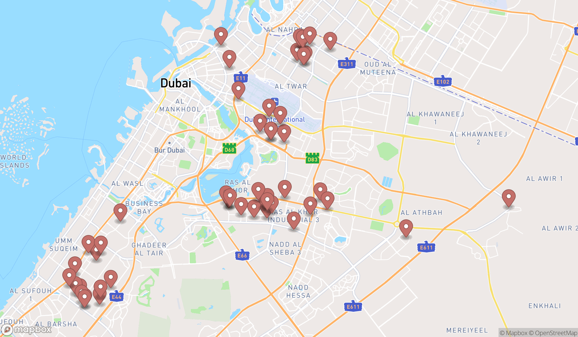 Map showing the search results in Dubai