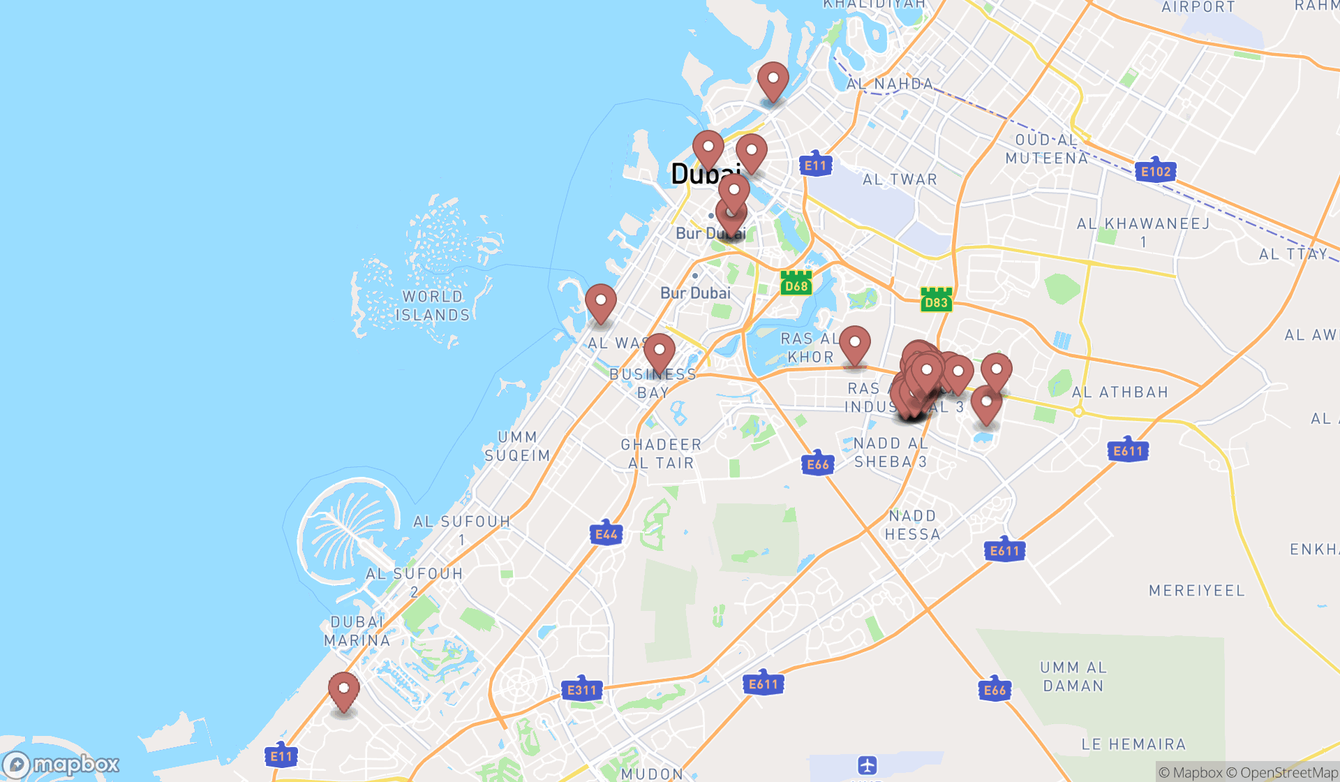 Map showing the search results in Dubai