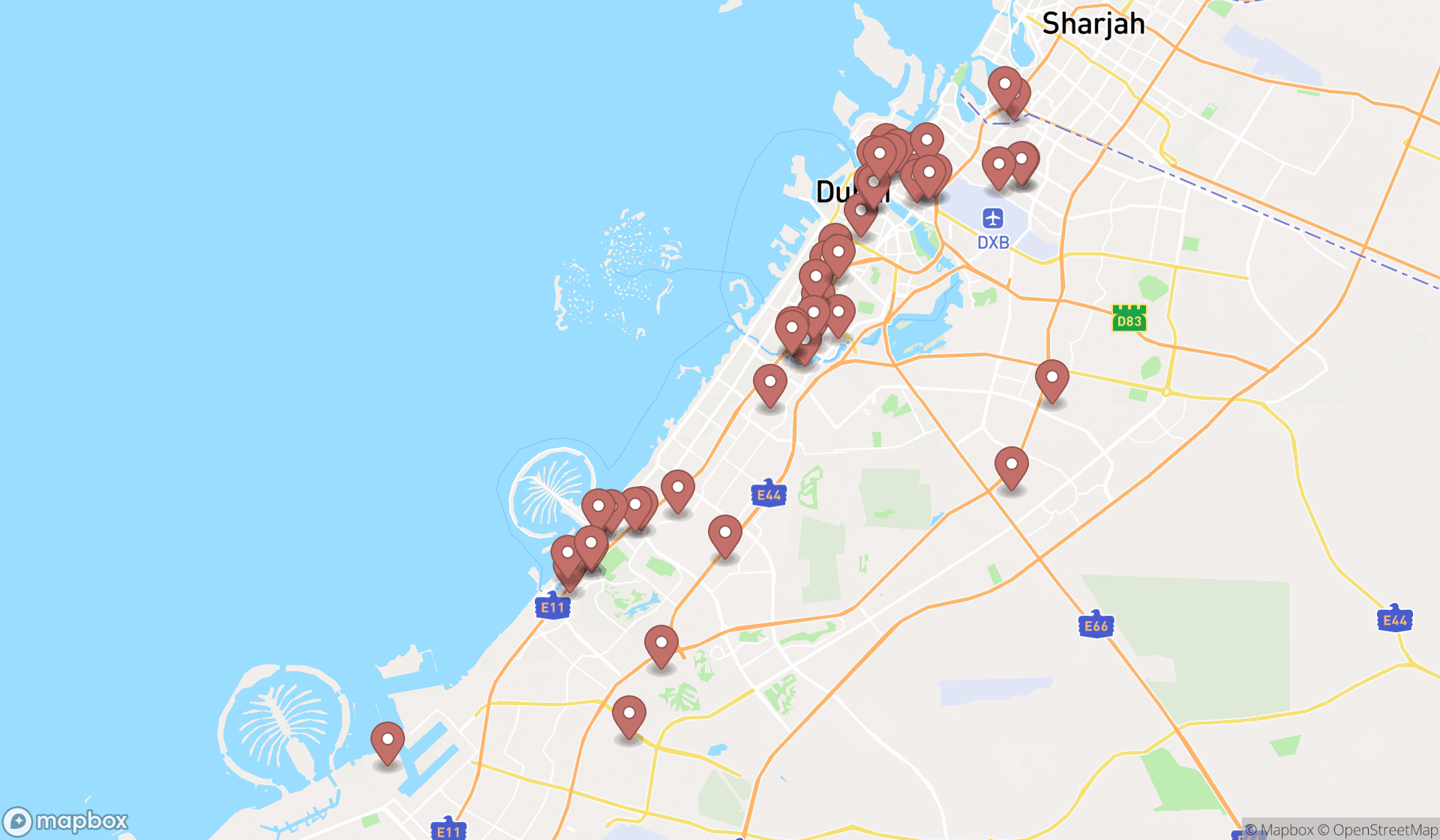 Map showing the search results in Dubai