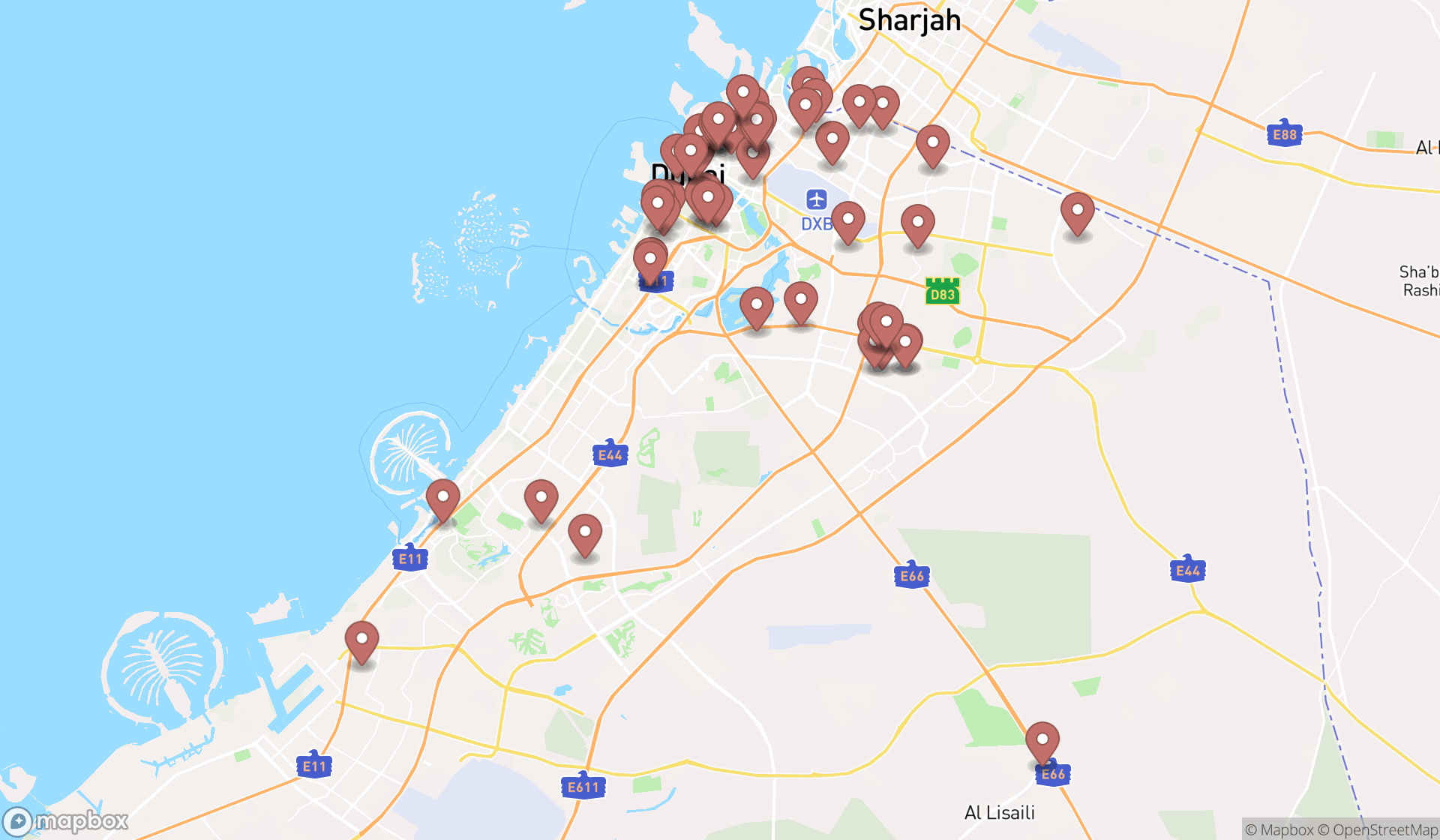 Map showing the search results in Dubai
