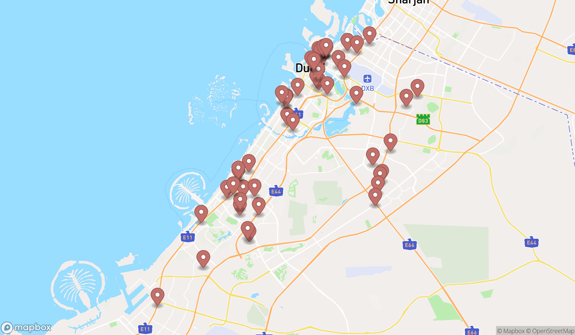 Map showing the search results in Dubai