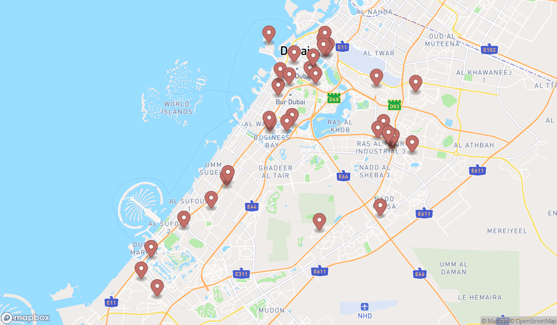 Map showing the search results in Dubai