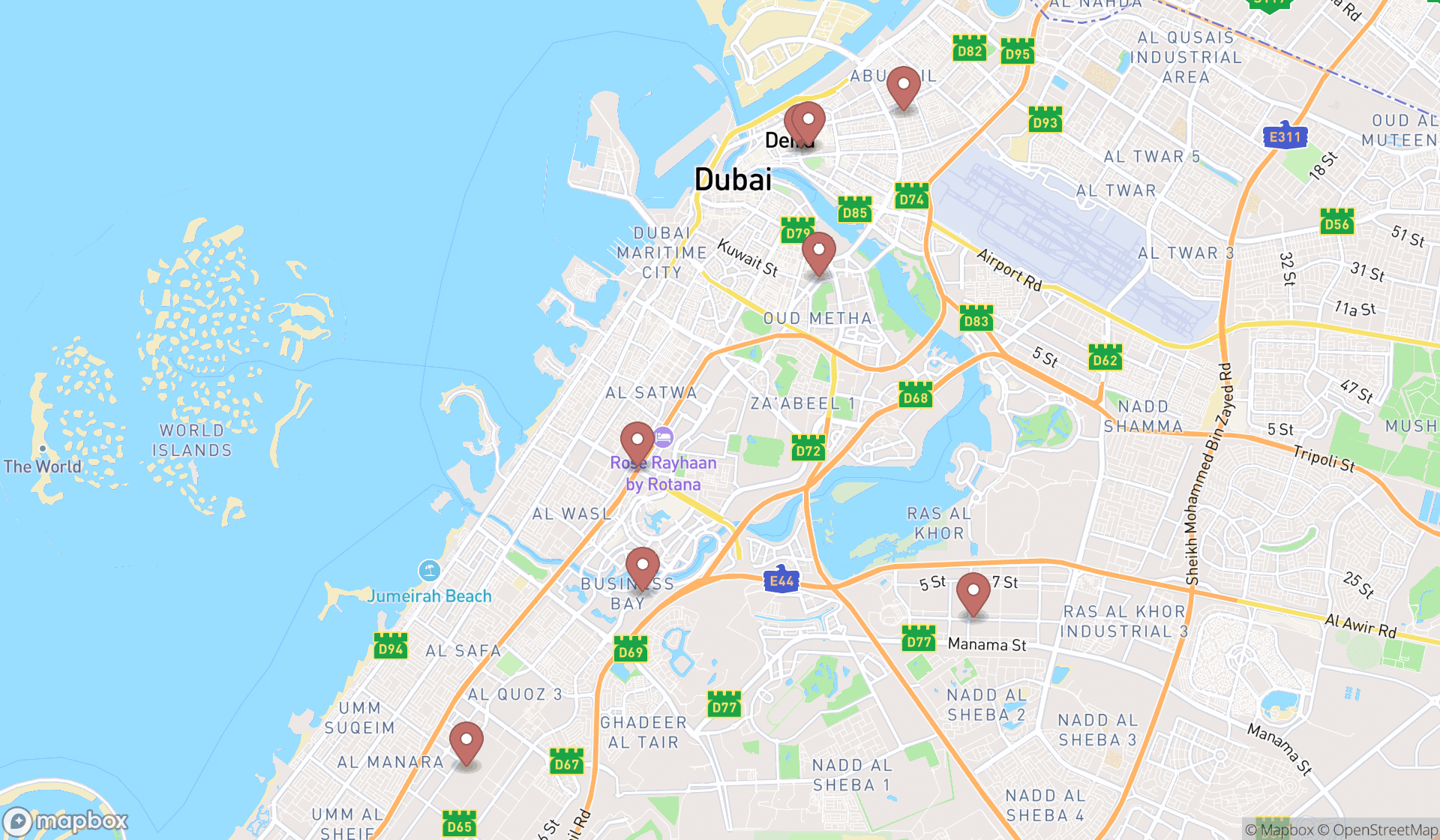 Map showing the search results in Dubai