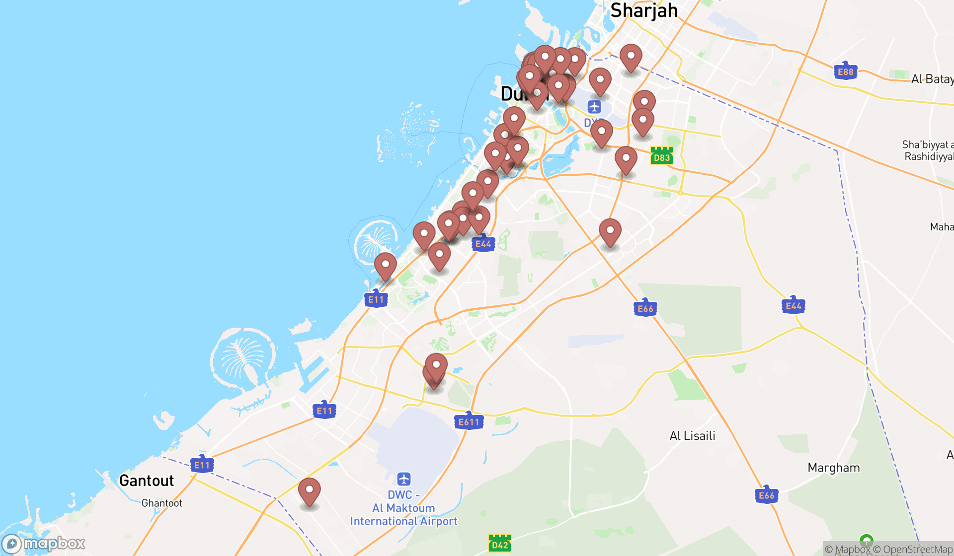 Map showing the search results in Dubai
