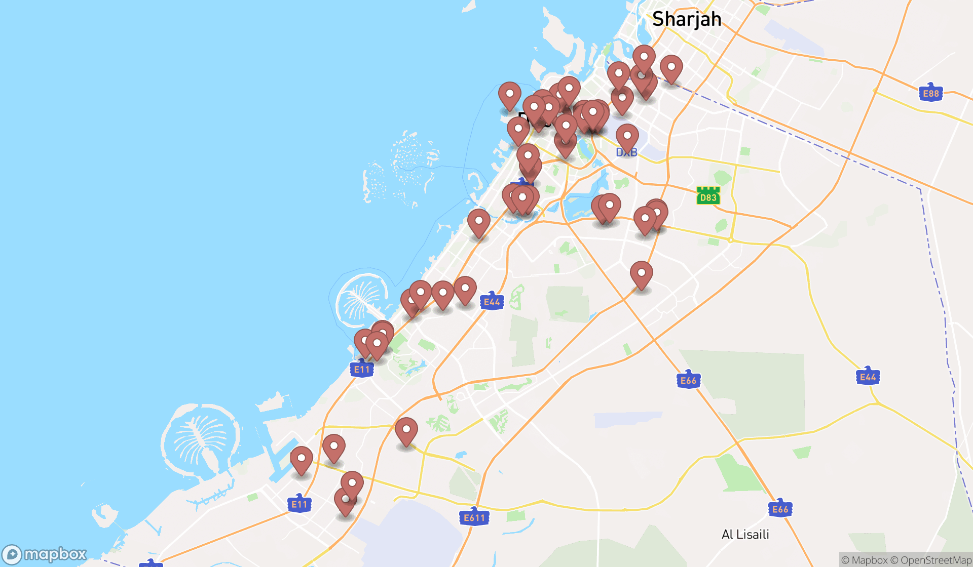 Map showing the search results in Dubai