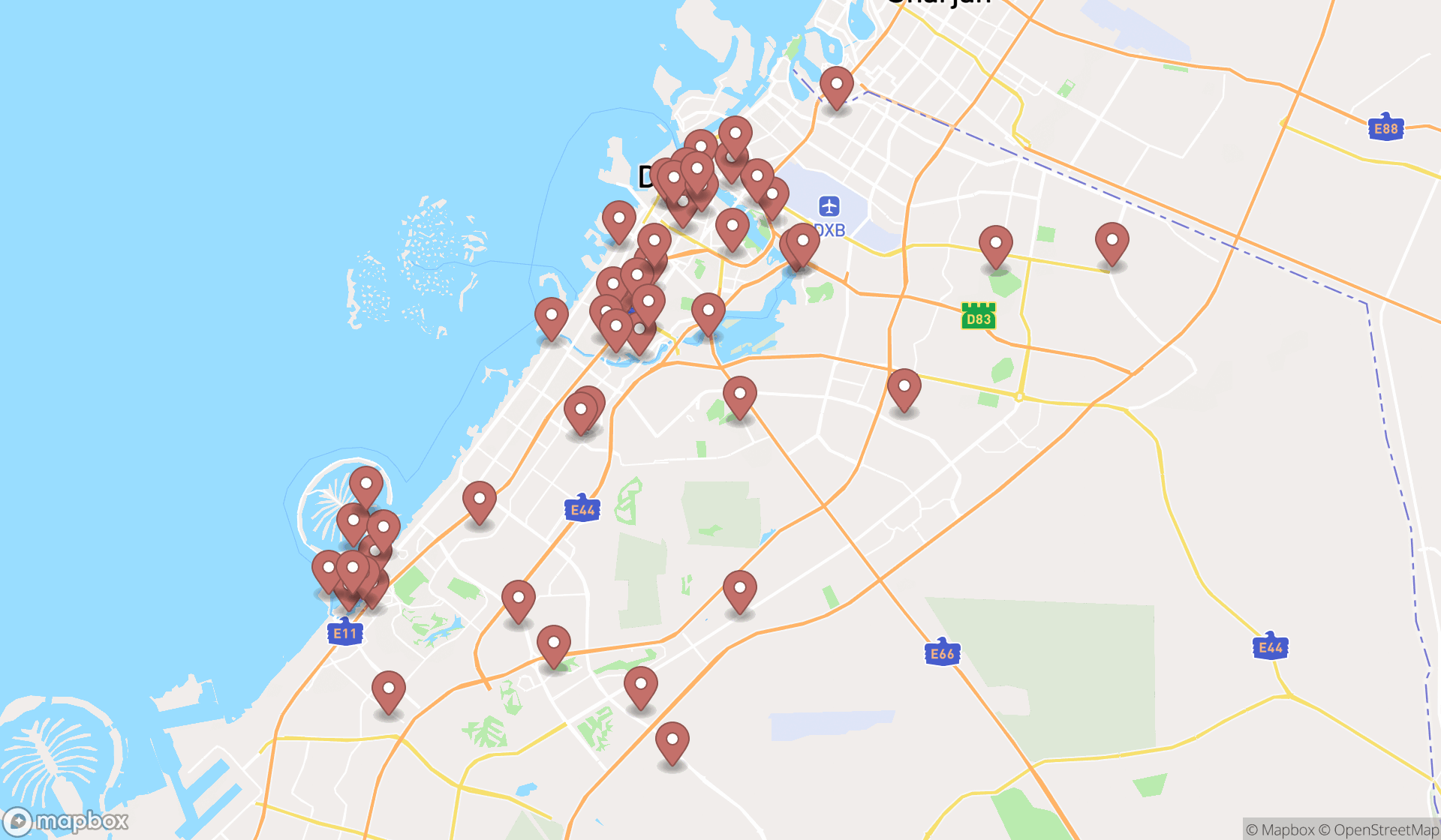 Map showing the search results in Dubai