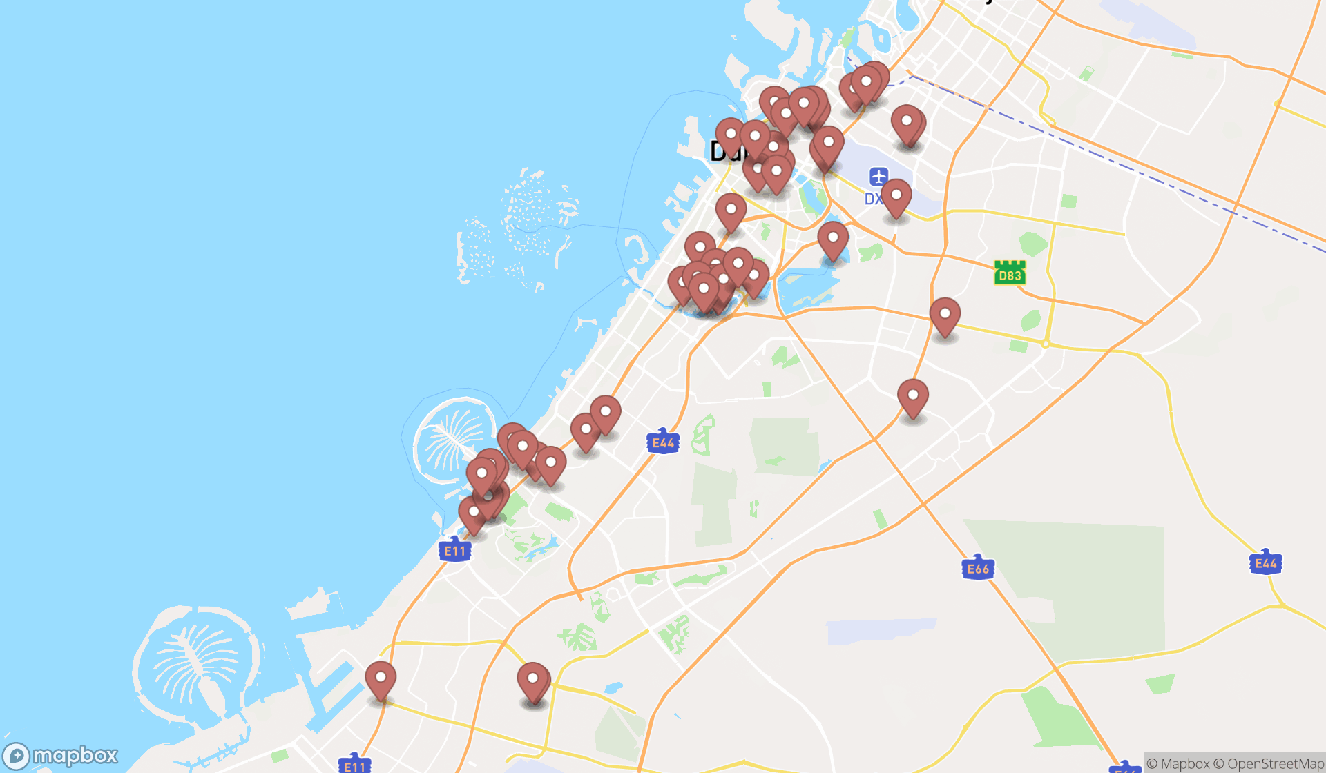 Map showing the search results in Dubai