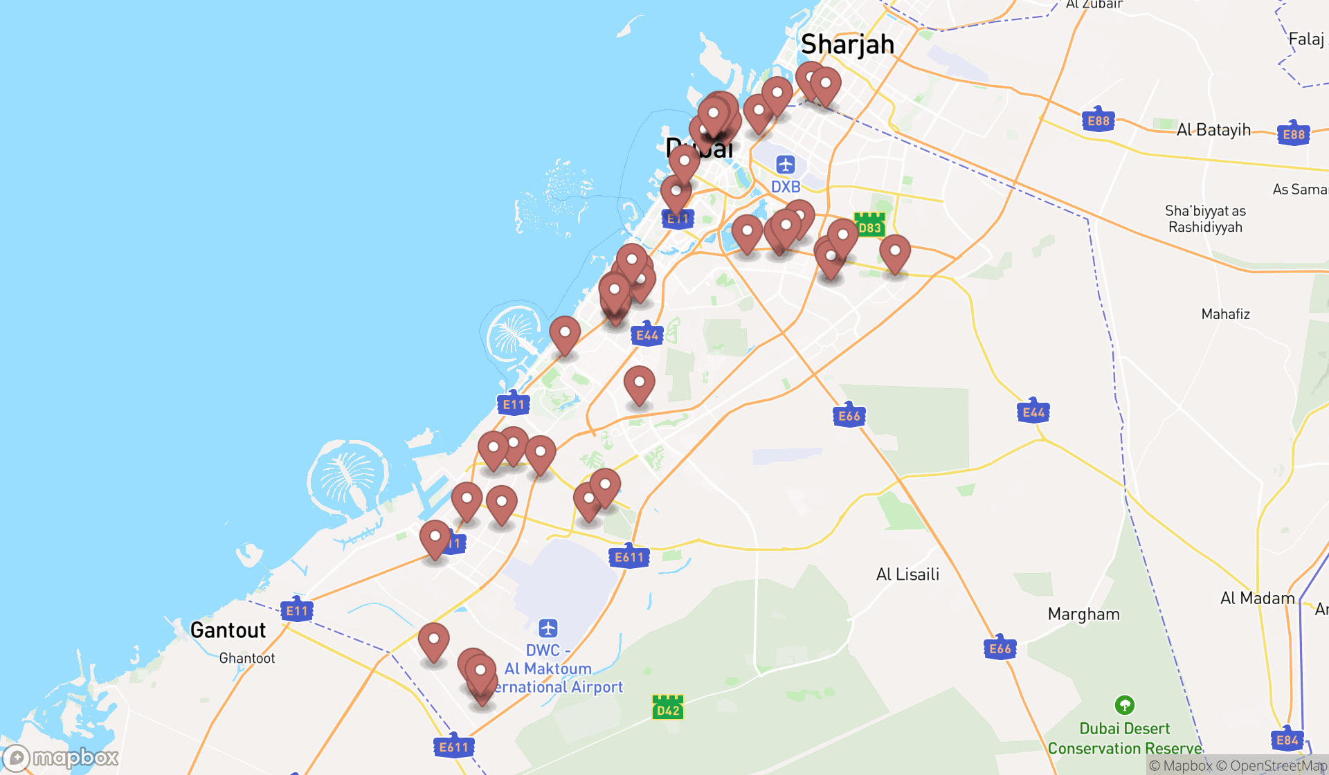Map showing the search results in Dubai